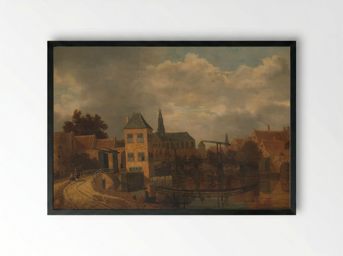 Gezicht op de stad Haarlem over het Spaarne bij de Eendjespoort - Balthasar van der Veen - Framed Print Black