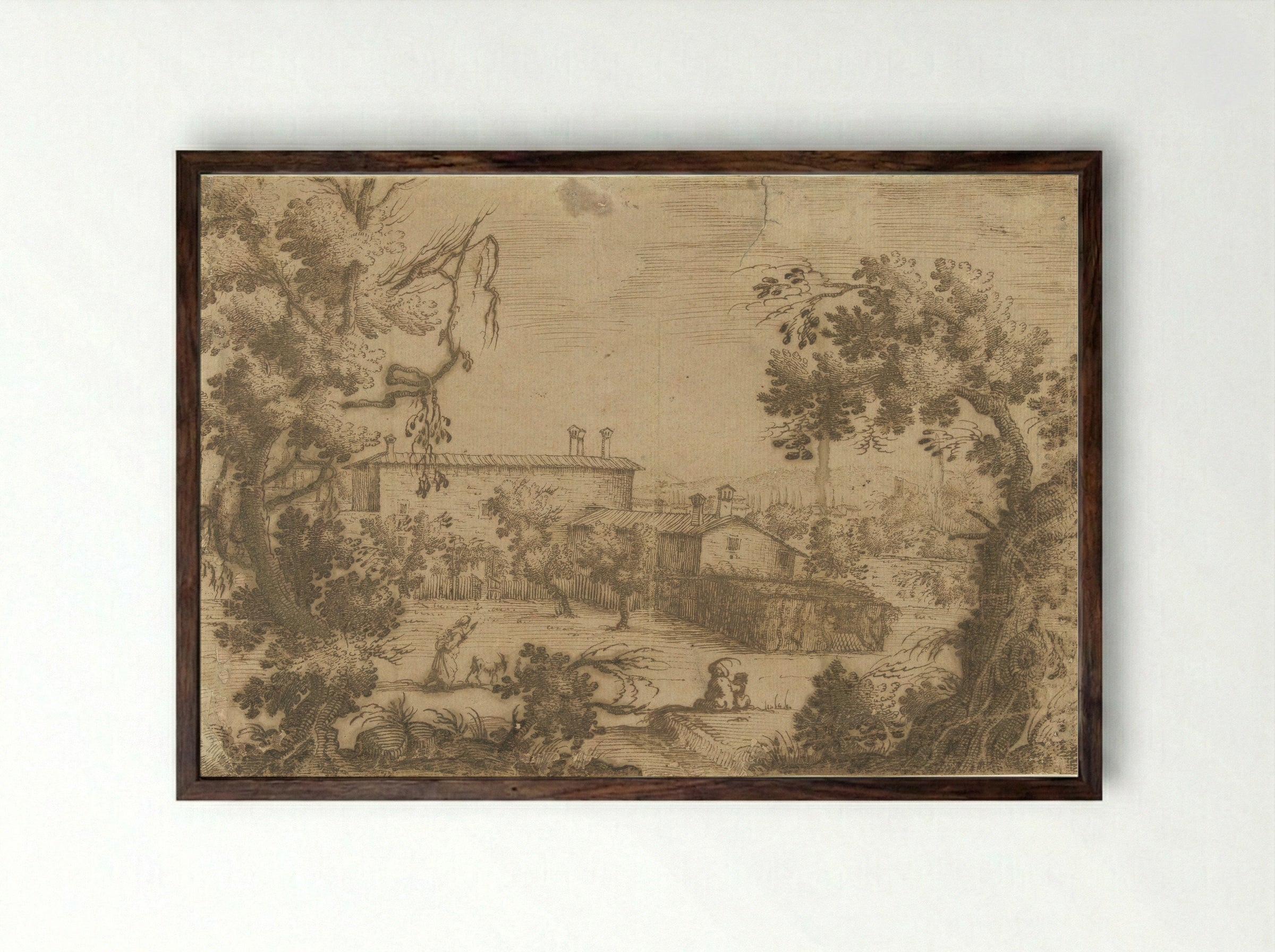 Gezicht op een Toscaans dorp - Remigio Cantagallina - Framed Print Dark Wood