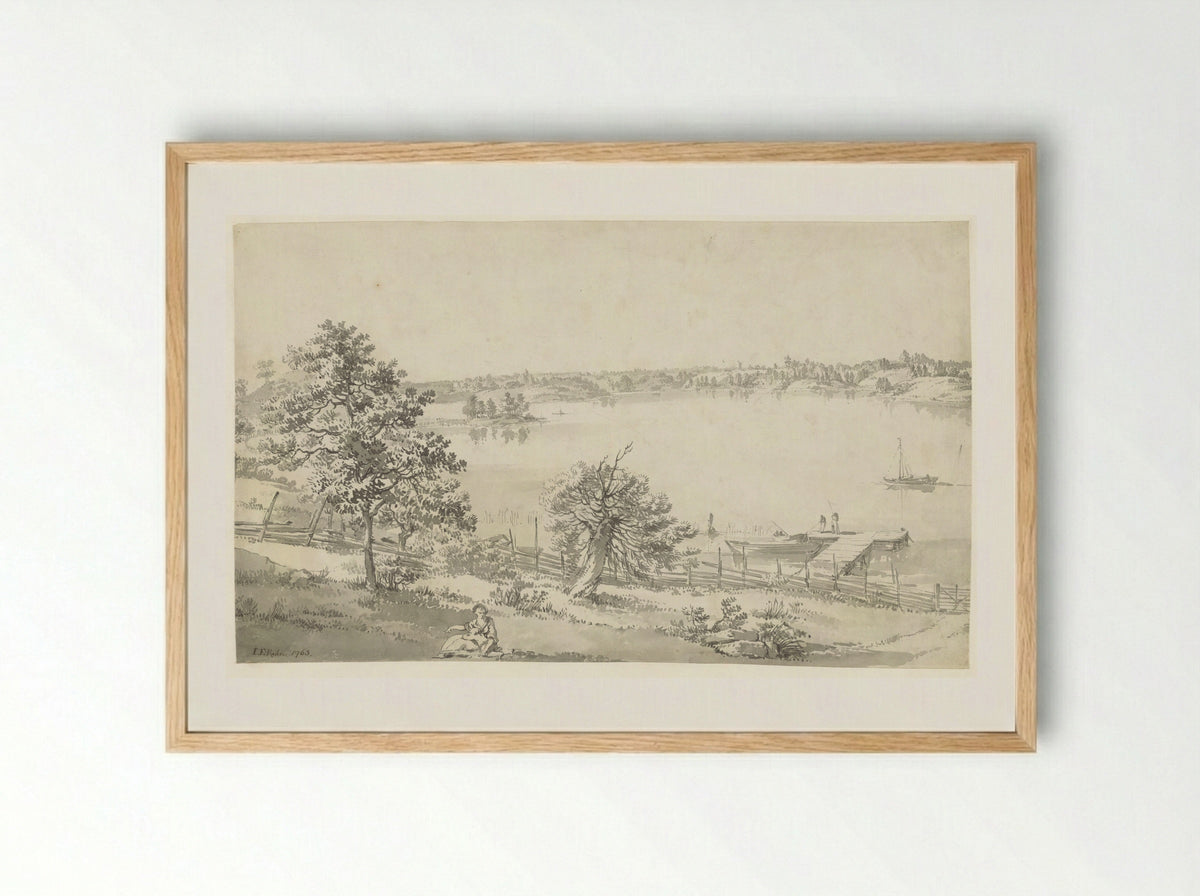 Gezicht op een breed water in de bergen met figuren op de voorgrond - Johan Eric Rehn - Framed Print Wood