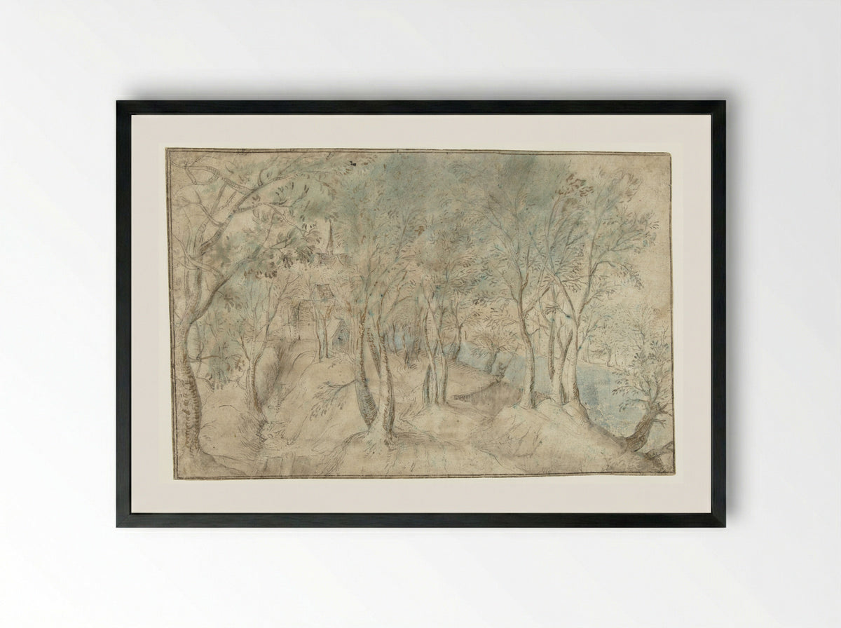 Gezicht op een dorp bij een rivier - Hendrick Gijsmans - Framed Print Black