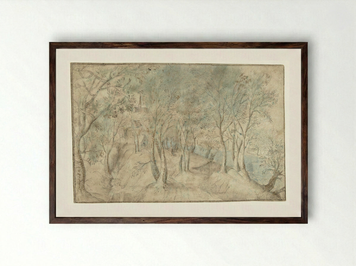 Gezicht op een dorp bij een rivier - Hendrick Gijsmans - Framed Print Dark Wood