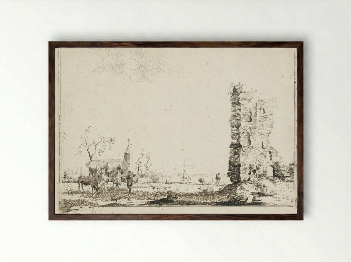 Gezicht op een dorp met op de voorgrond een ruïne - Willem Writs - Framed Print Dark Wood
