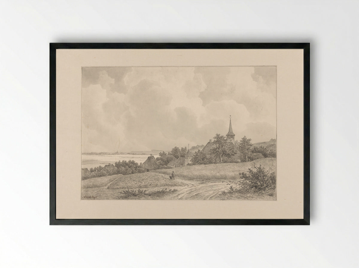 Gezicht op een dorp tegen een heuvel - Adrianus van der Koogh - Framed Print Black