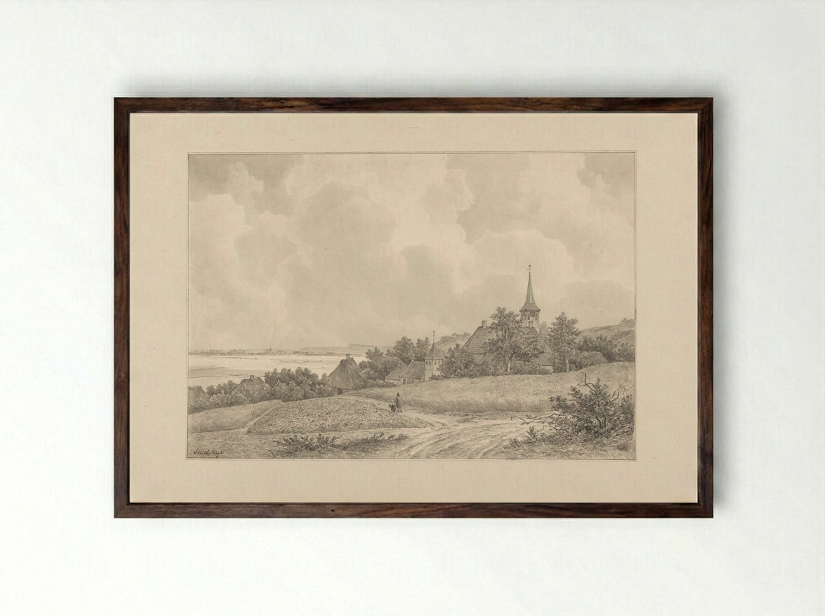 Gezicht op een dorp tegen een heuvel - Adrianus van der Koogh - Framed Print Dark Wood