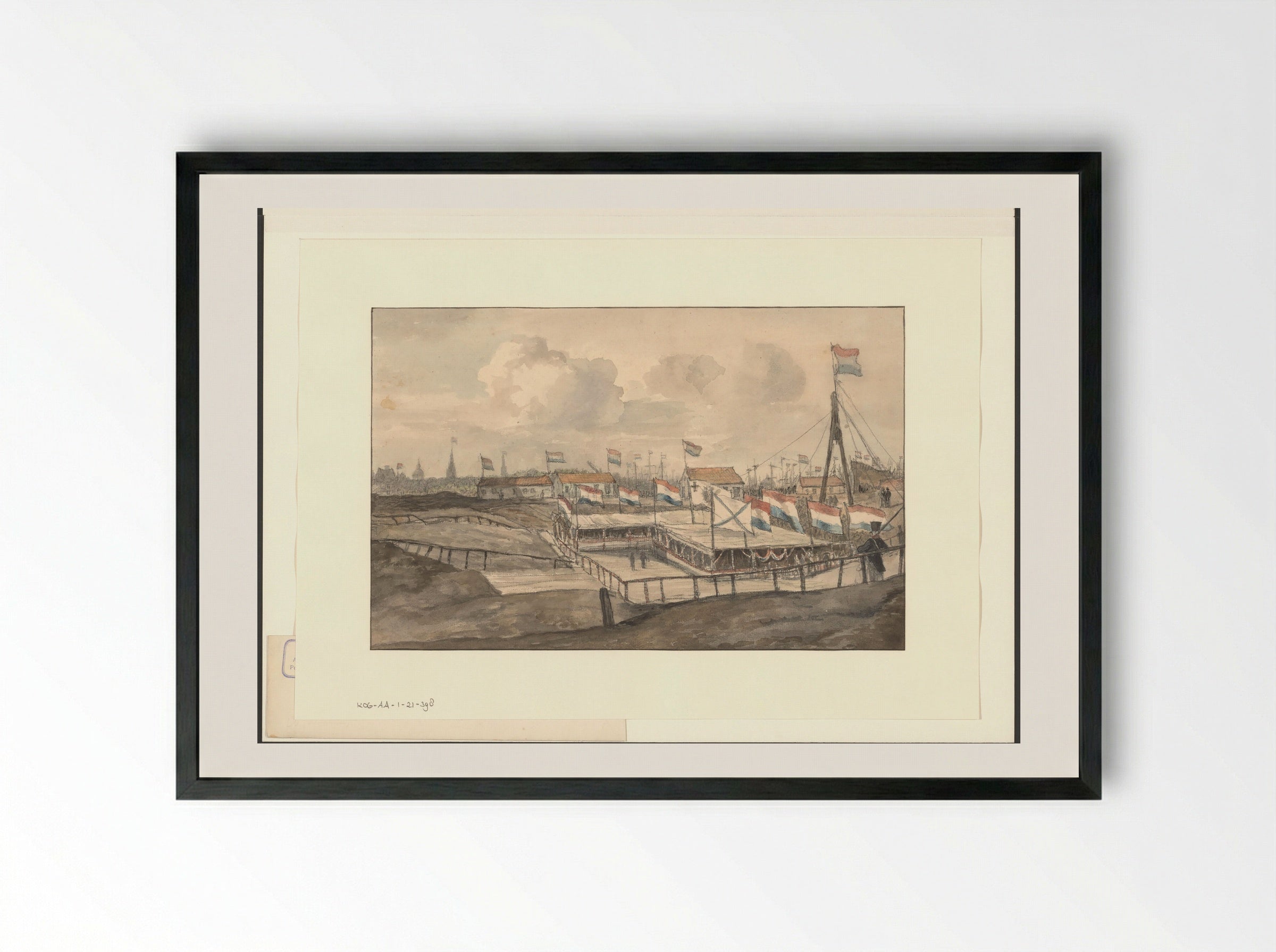 Gezicht op een feesttent opgericht ter ere van de eerste steenlegging van de Oosterdoksluis - Gerrit Lamberts - Framed Print Black