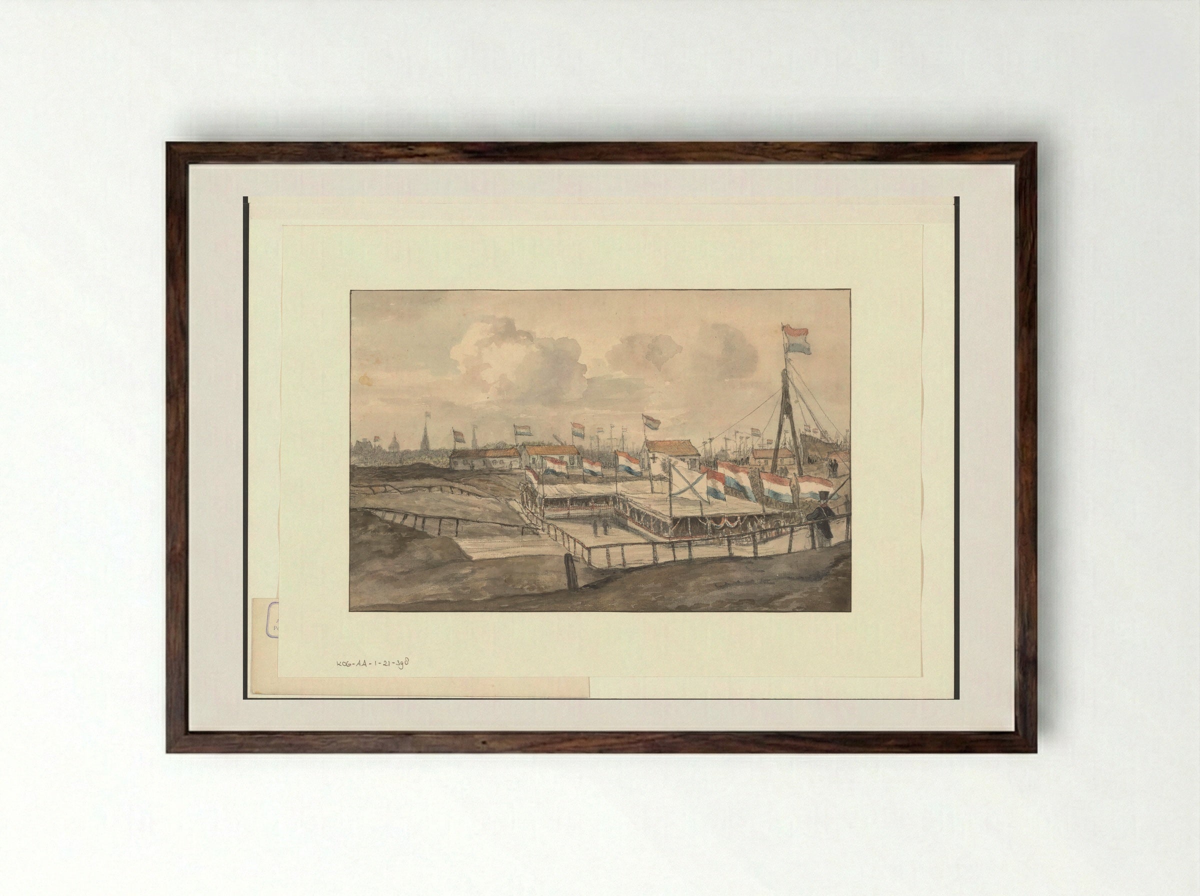 Gezicht op een feesttent opgericht ter ere van de eerste steenlegging van de Oosterdoksluis - Gerrit Lamberts - Framed Print Dark Wood