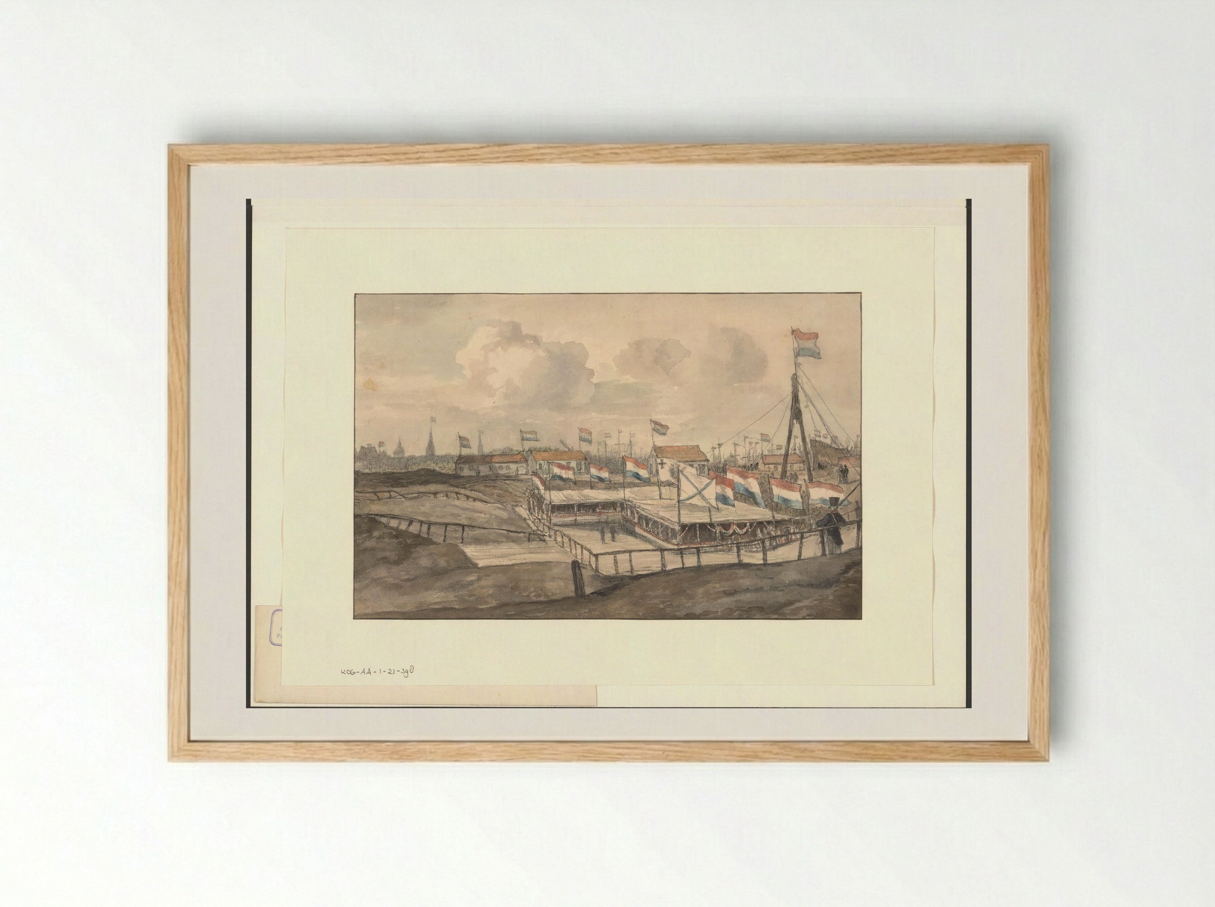 Gezicht op een feesttent opgericht ter ere van de eerste steenlegging van de Oosterdoksluis - Gerrit Lamberts - Framed Print Wood