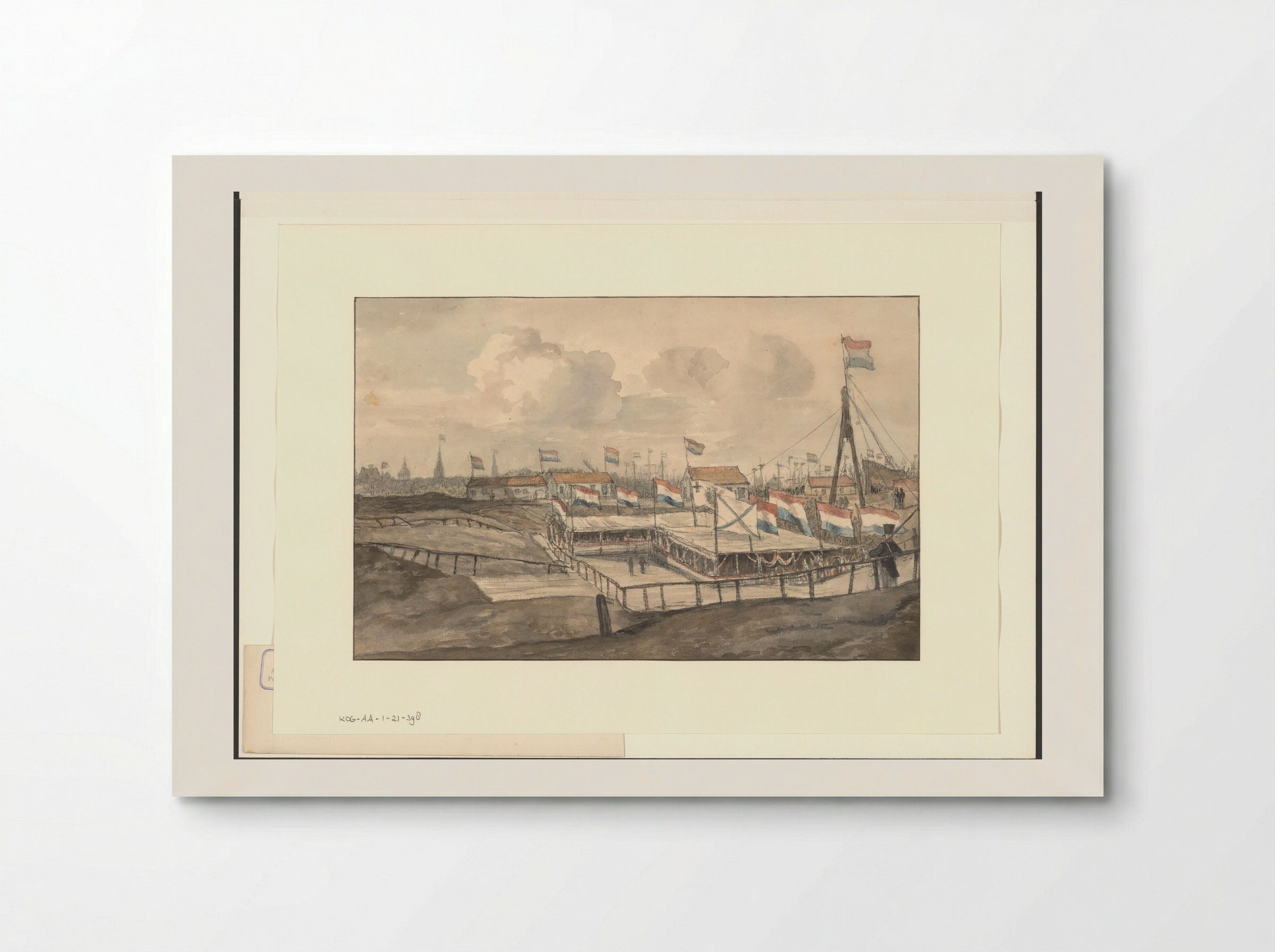 Gezicht op een feesttent opgericht ter ere van de eerste steenlegging van de Oosterdoksluis - Gerrit Lamberts - Poster