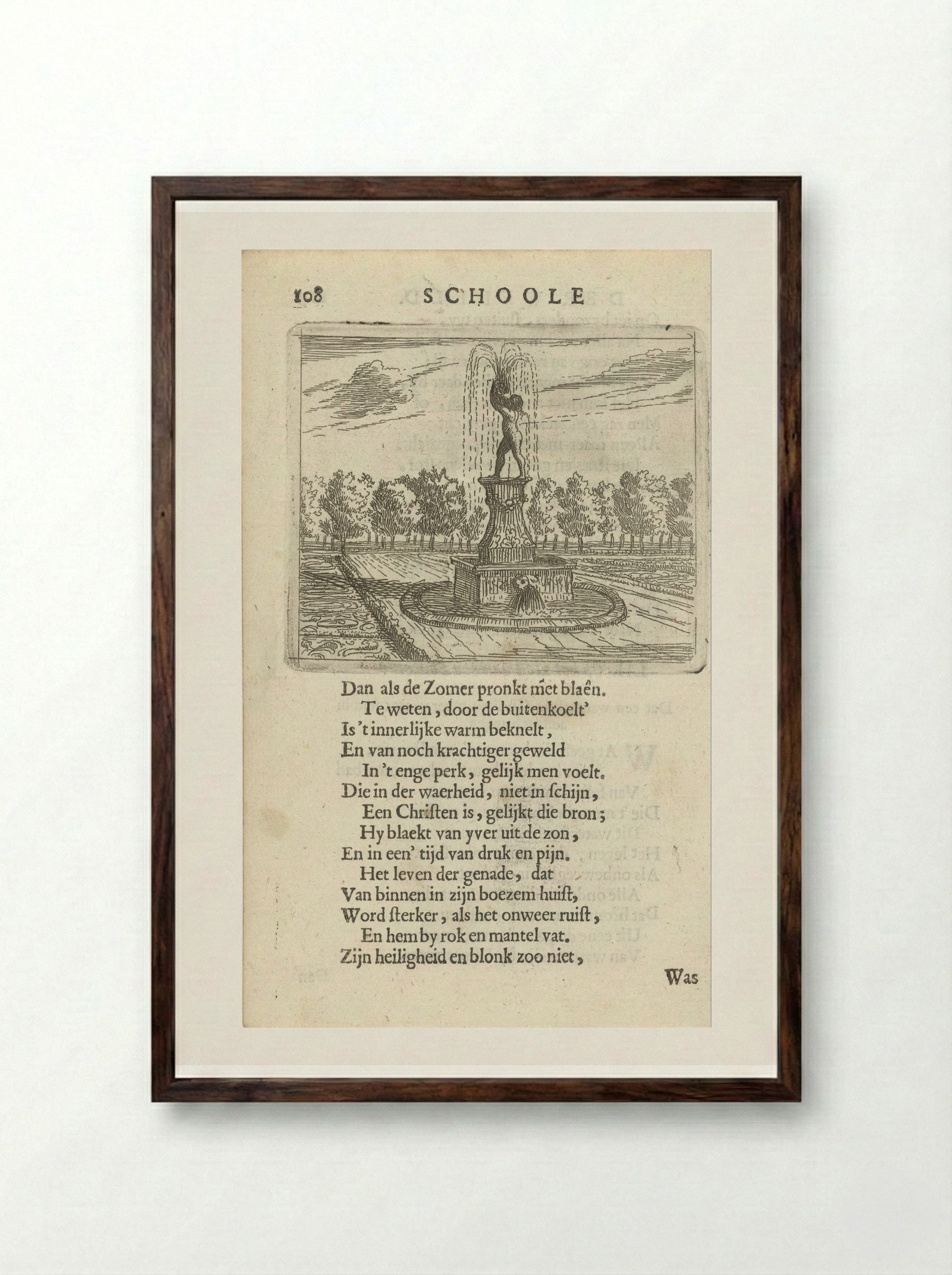 Gezicht op een fontein - Arnold Houbraken - Framed Print Dark Wood