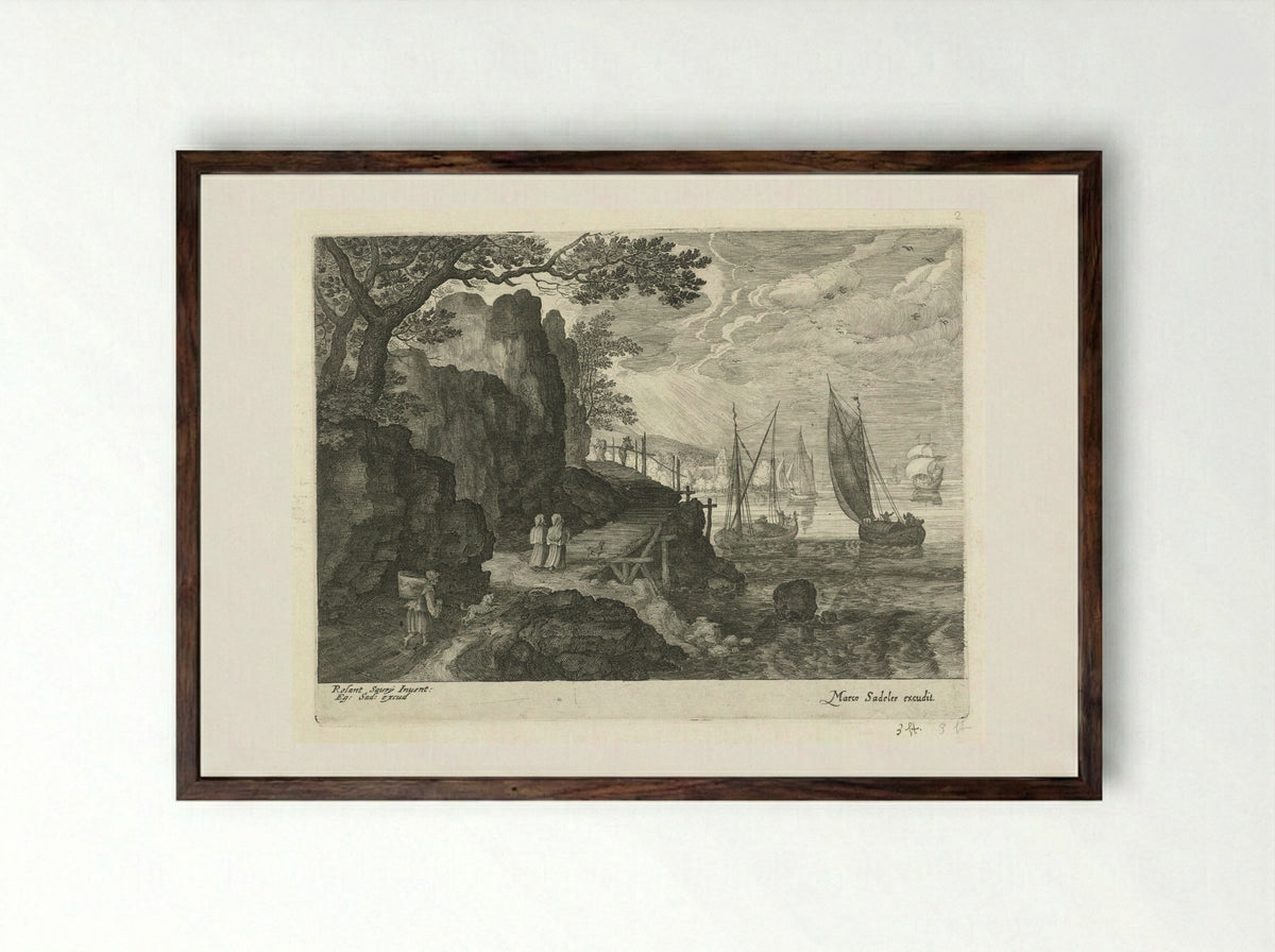 Gezicht op een haven (View of a Harbour) - Aegidius Sadeler (II) - Framed Print Dark Wood