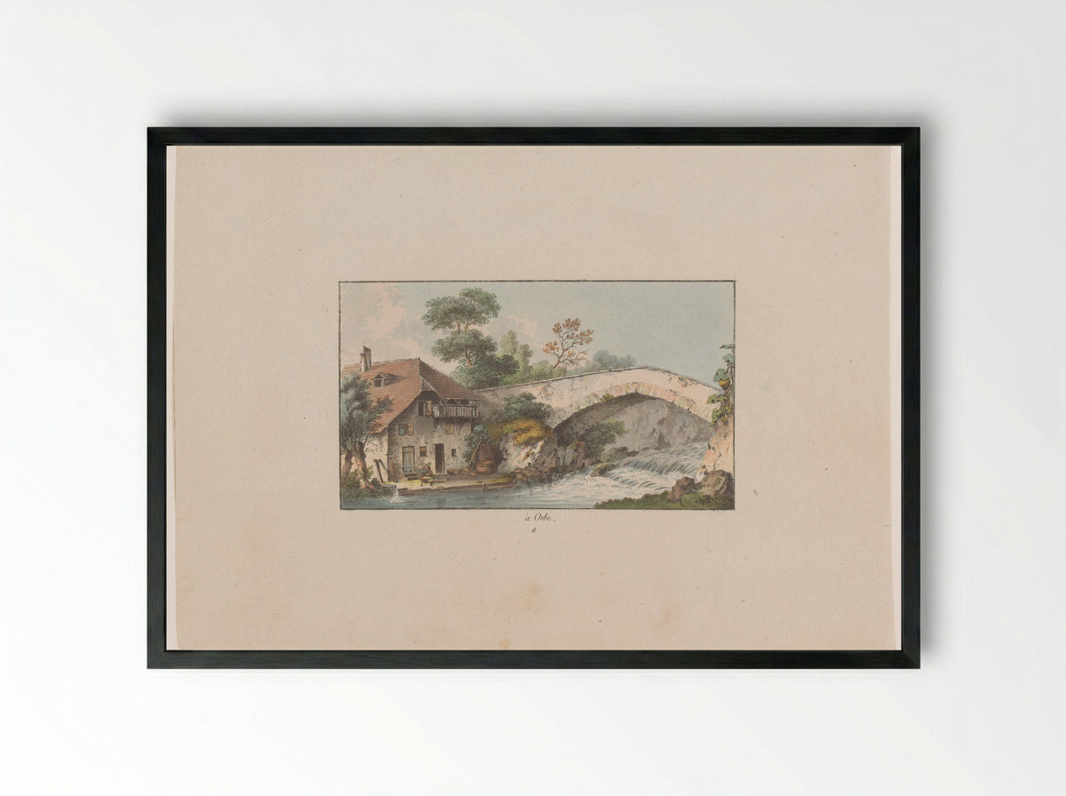 Gezicht op een huis bij een brug te Orbe - Heinrich Rieter - Framed Print Black