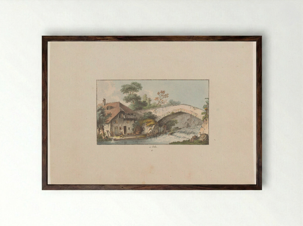Gezicht op een huis bij een brug te Orbe - Heinrich Rieter - Framed Print Dark Wood