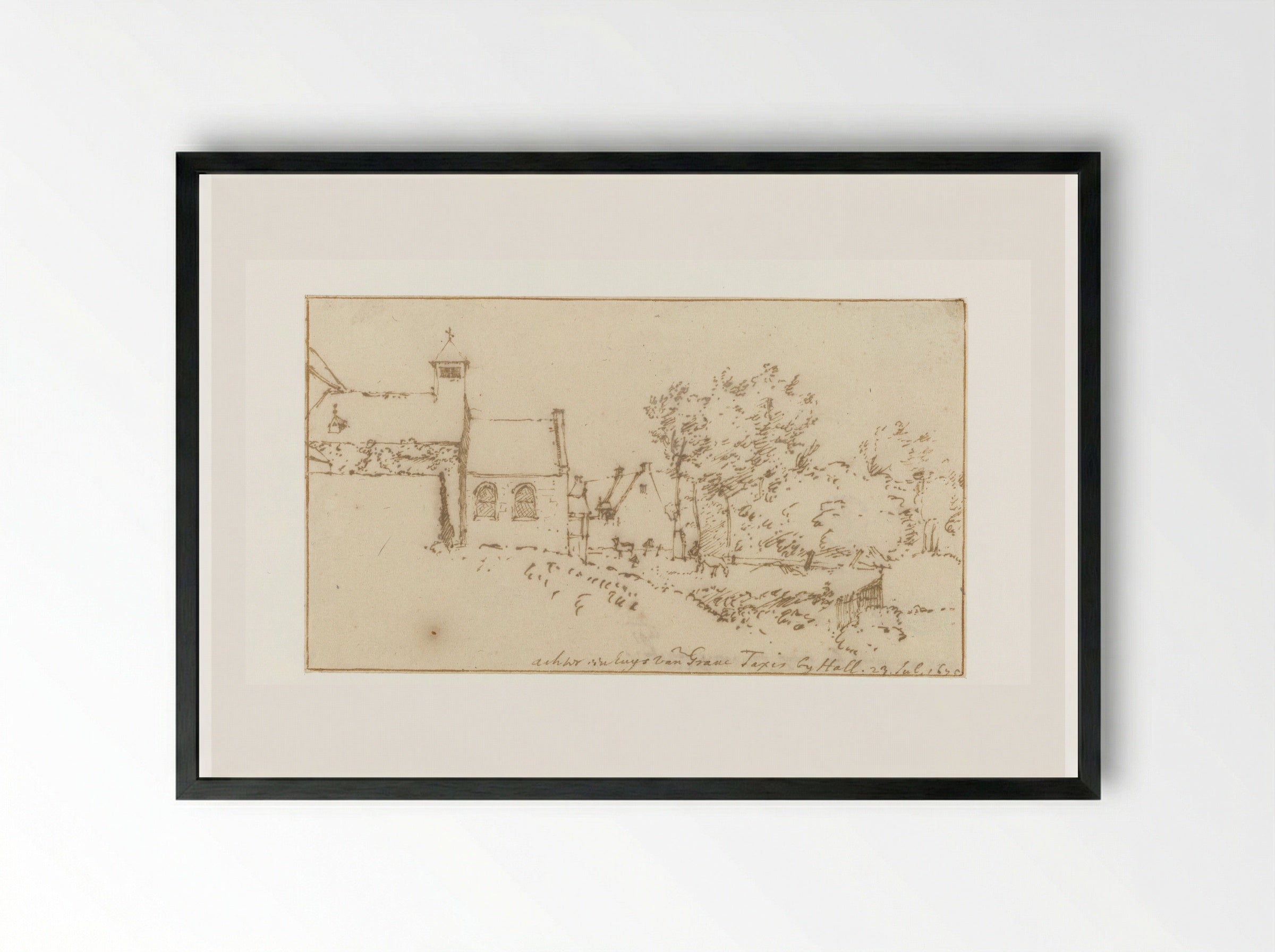 Gezicht op een kapel en een kerkhof - Constantijn Huygens (II) - Framed Print Black