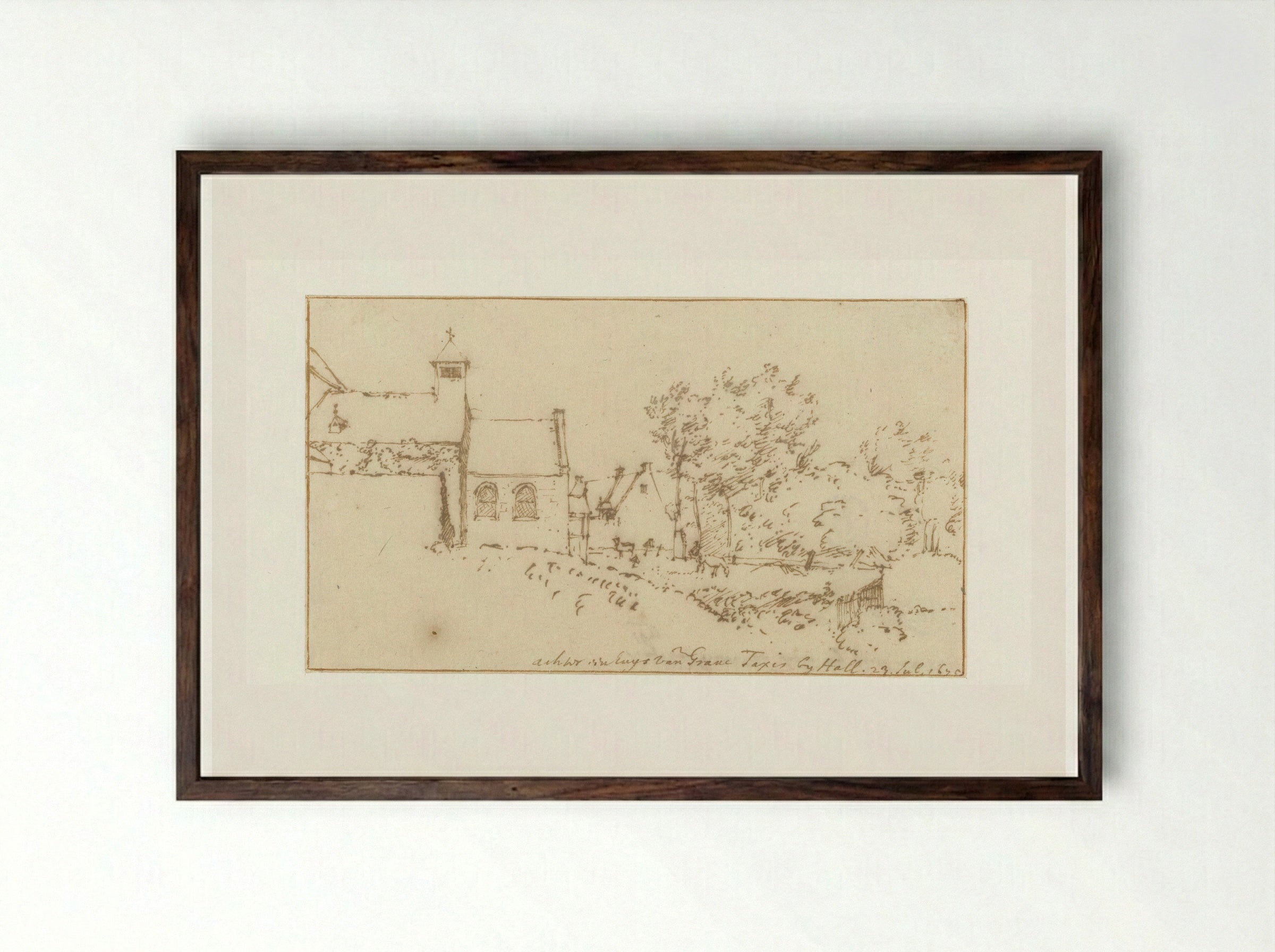 Gezicht op een kapel en een kerkhof - Constantijn Huygens (II) - Framed Print Dark Wood