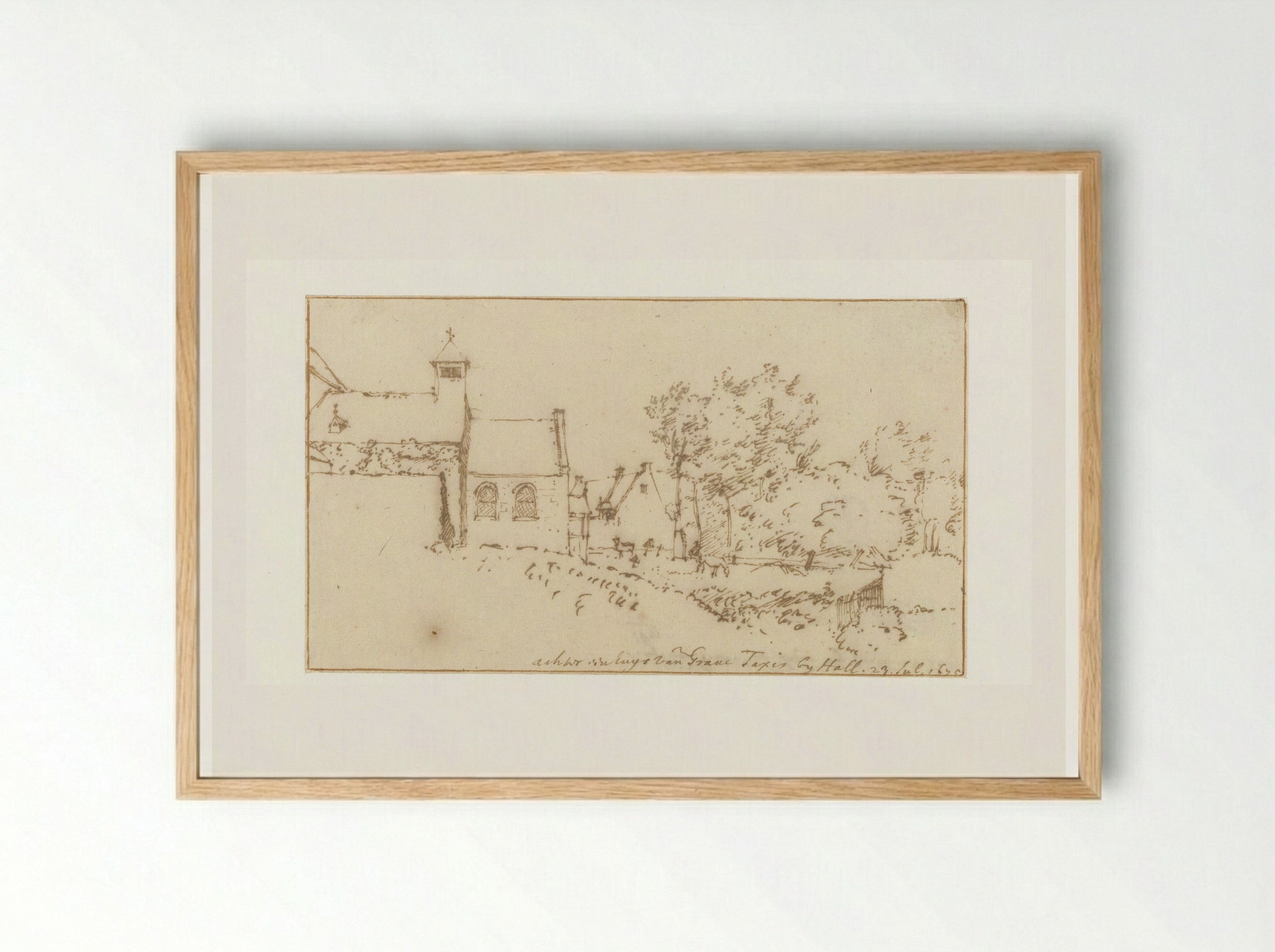 Gezicht op een kapel en een kerkhof - Constantijn Huygens (II) - Framed Print Wood