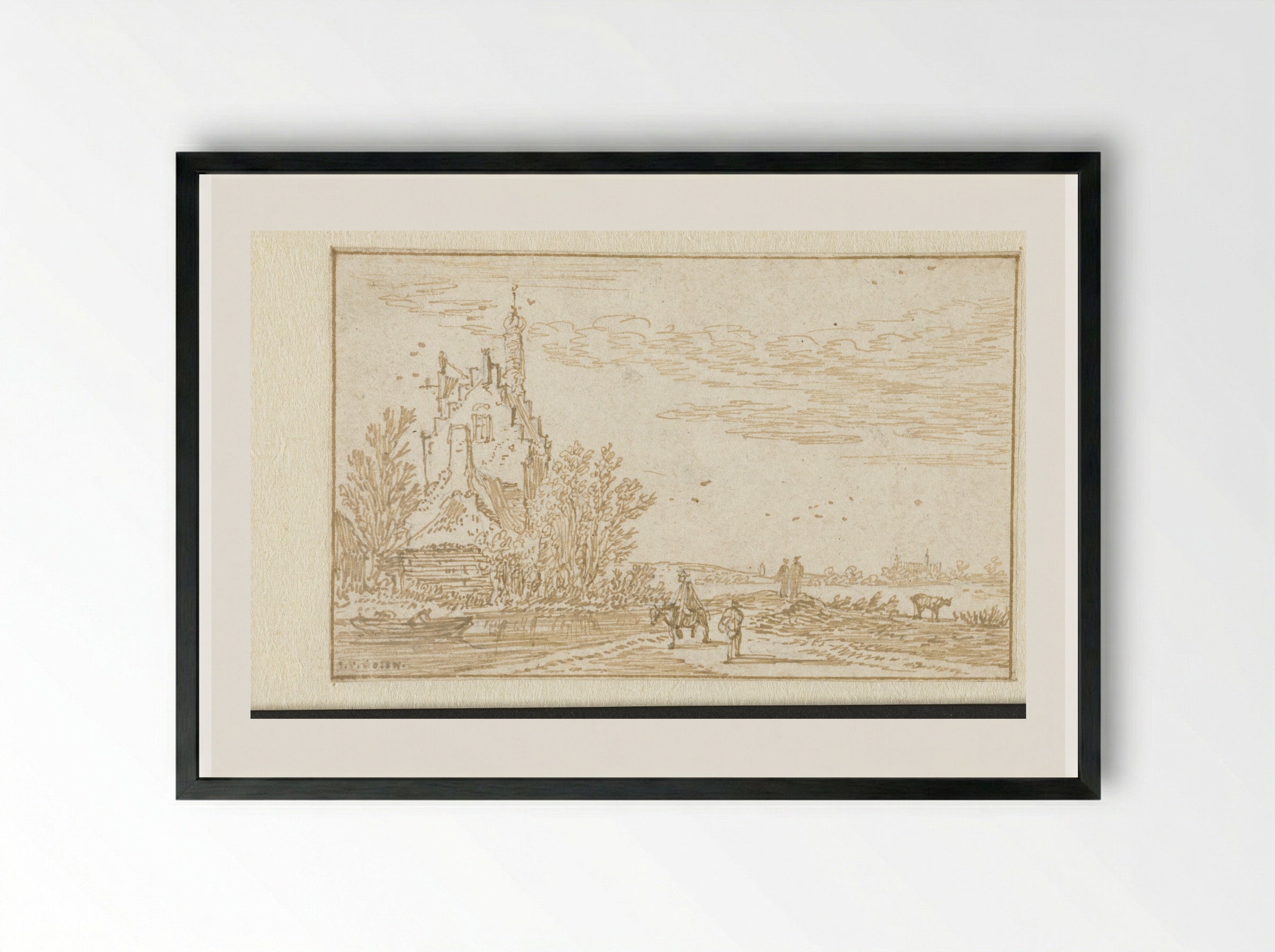 Gezicht op een kasteeltje - Jan van Goyen - Framed Print Black