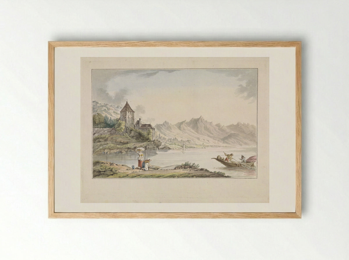 Gezicht op een kerk aan een meer te Zwitserland - Jan Gerard Waldorp - Framed Print Wood