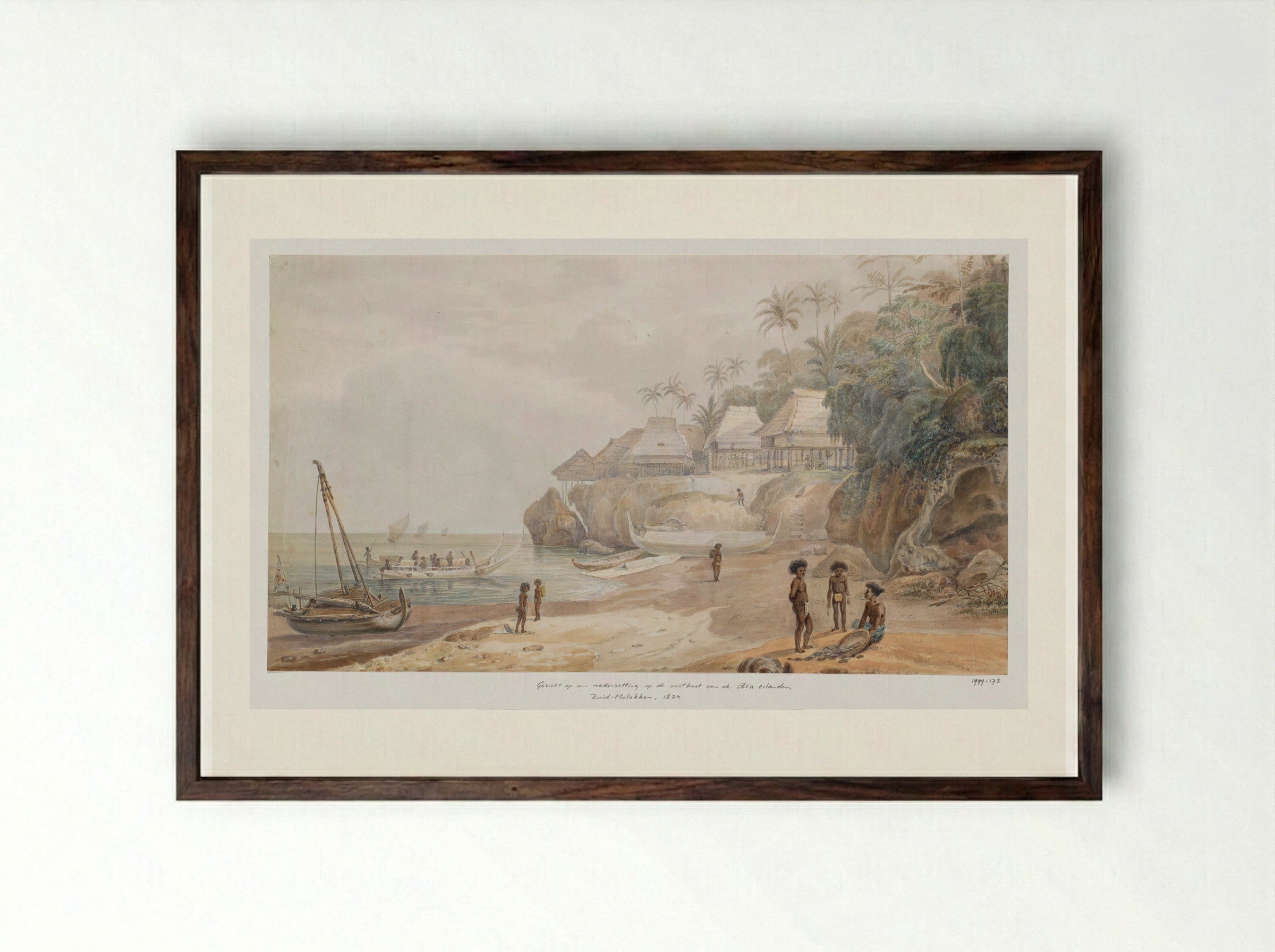 Gezicht op een nederzetting van de oostkust van Workai, Aru-eilanden, Zuidoost-Molukken - Adrianus Johannes Bik - Framed Print Dark Wood