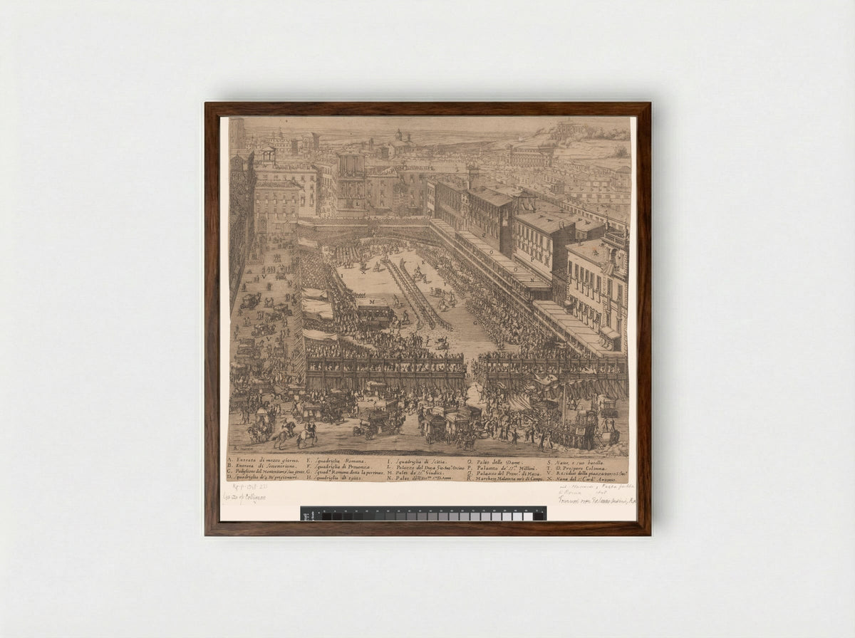 Gezicht op een plein waarop een toernooi wordt gehouden voor het Festa Fatta, te Rome - Vitale Mascardi - Framed Print Dark Wood
