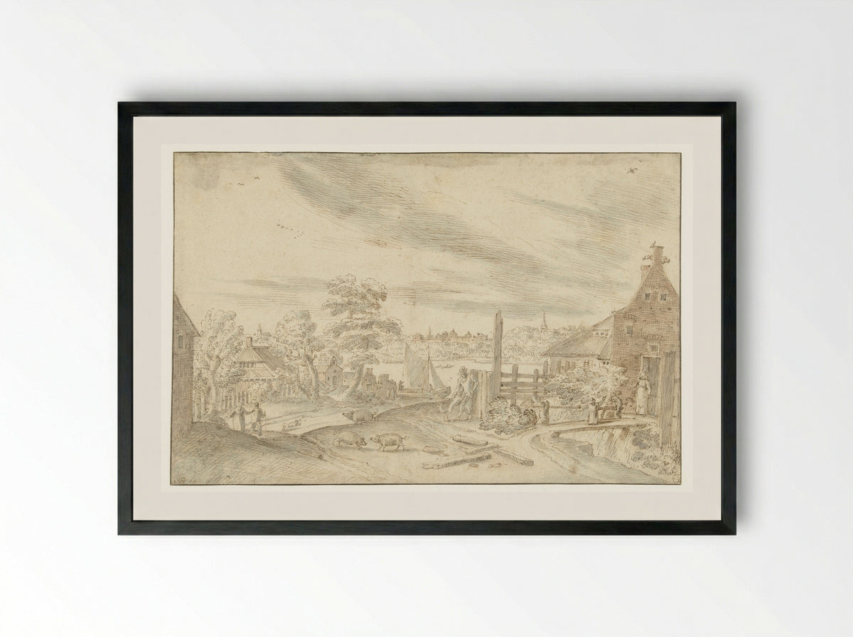 Gezicht op een rivier bij een veerhuis - Hendrick van Cleve III - Framed Print Black