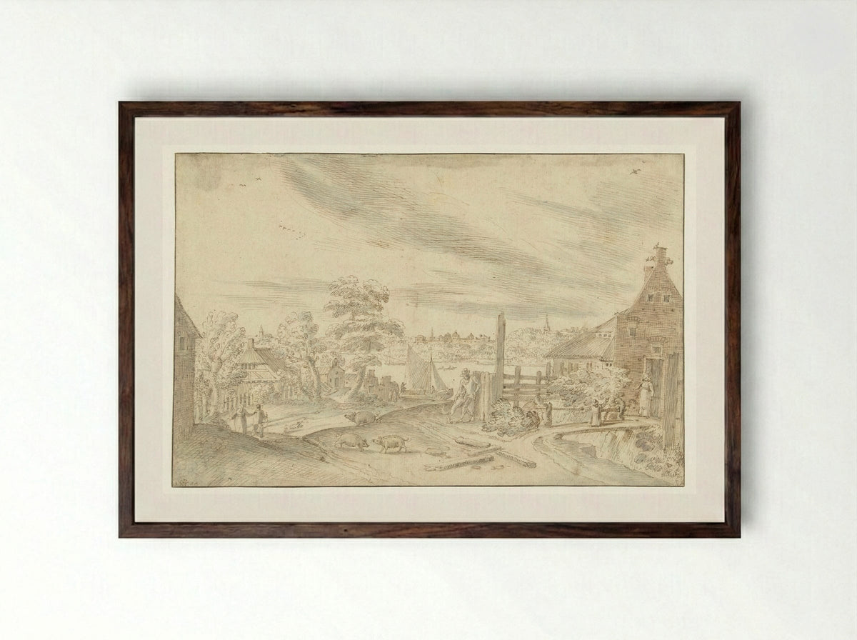 Gezicht op een rivier bij een veerhuis - Hendrick van Cleve III - Framed Print Dark Wood