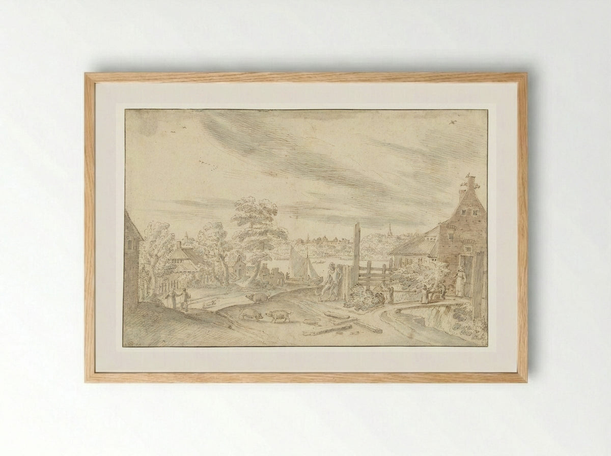 Gezicht op een rivier bij een veerhuis - Hendrick van Cleve III - Framed Print Wood