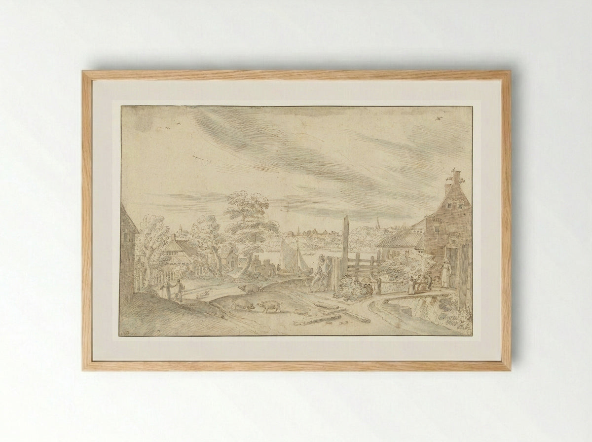 Gezicht op een rivier bij een veerhuis - Hendrick van Cleve III - Framed Print Wood