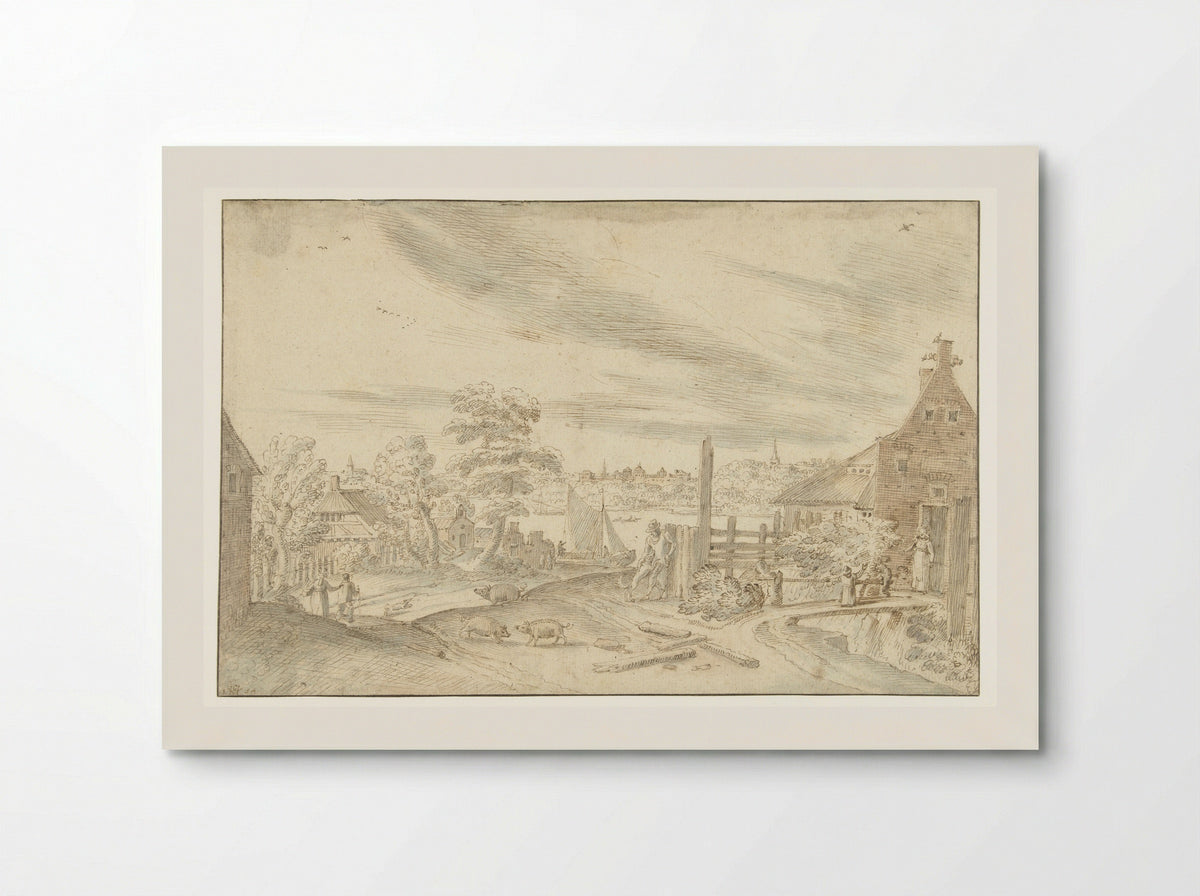 Gezicht op een rivier bij een veerhuis - Hendrick van Cleve III - Poster