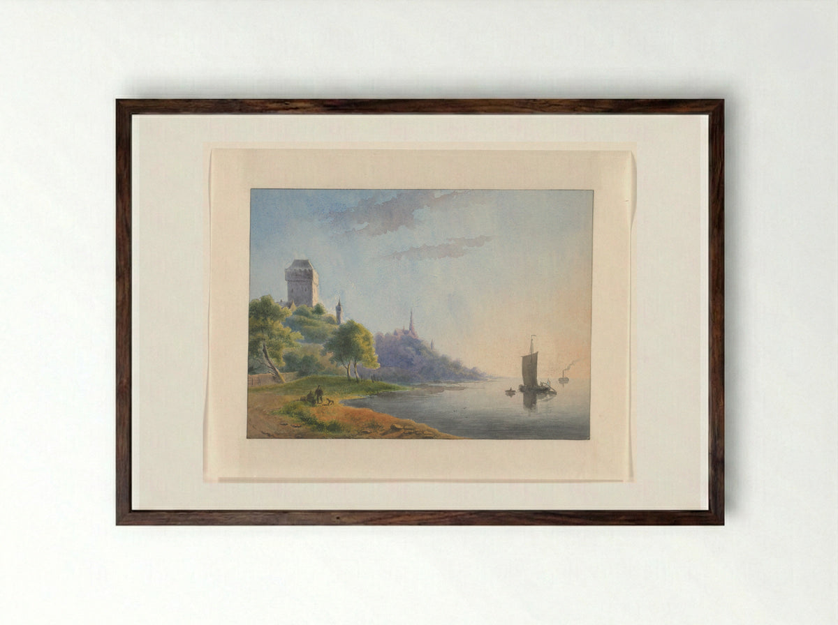 Gezicht op een rivieroever met toren en kerk - Johannes van Reijn - Framed Print Dark Wood