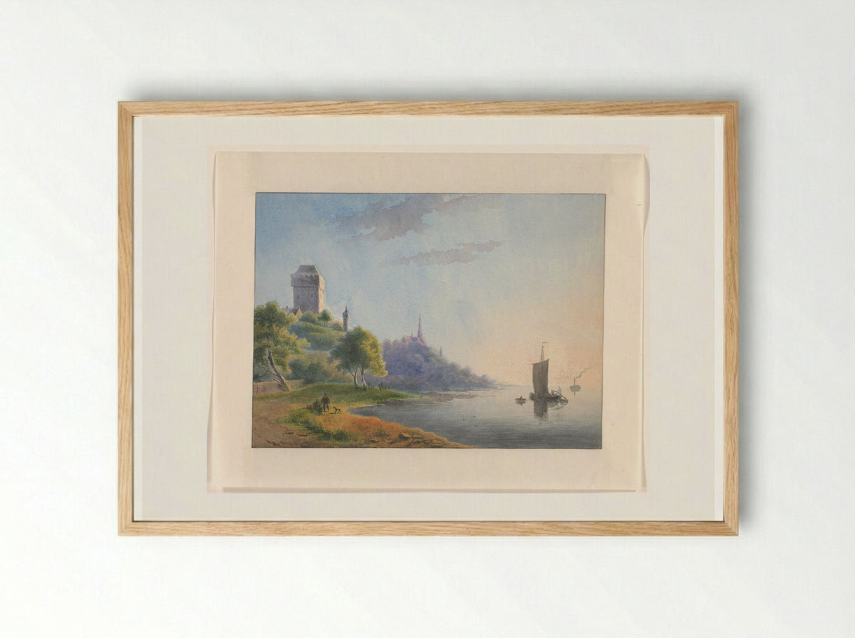 Gezicht op een rivieroever met toren en kerk - Johannes van Reijn - Framed Print Wood