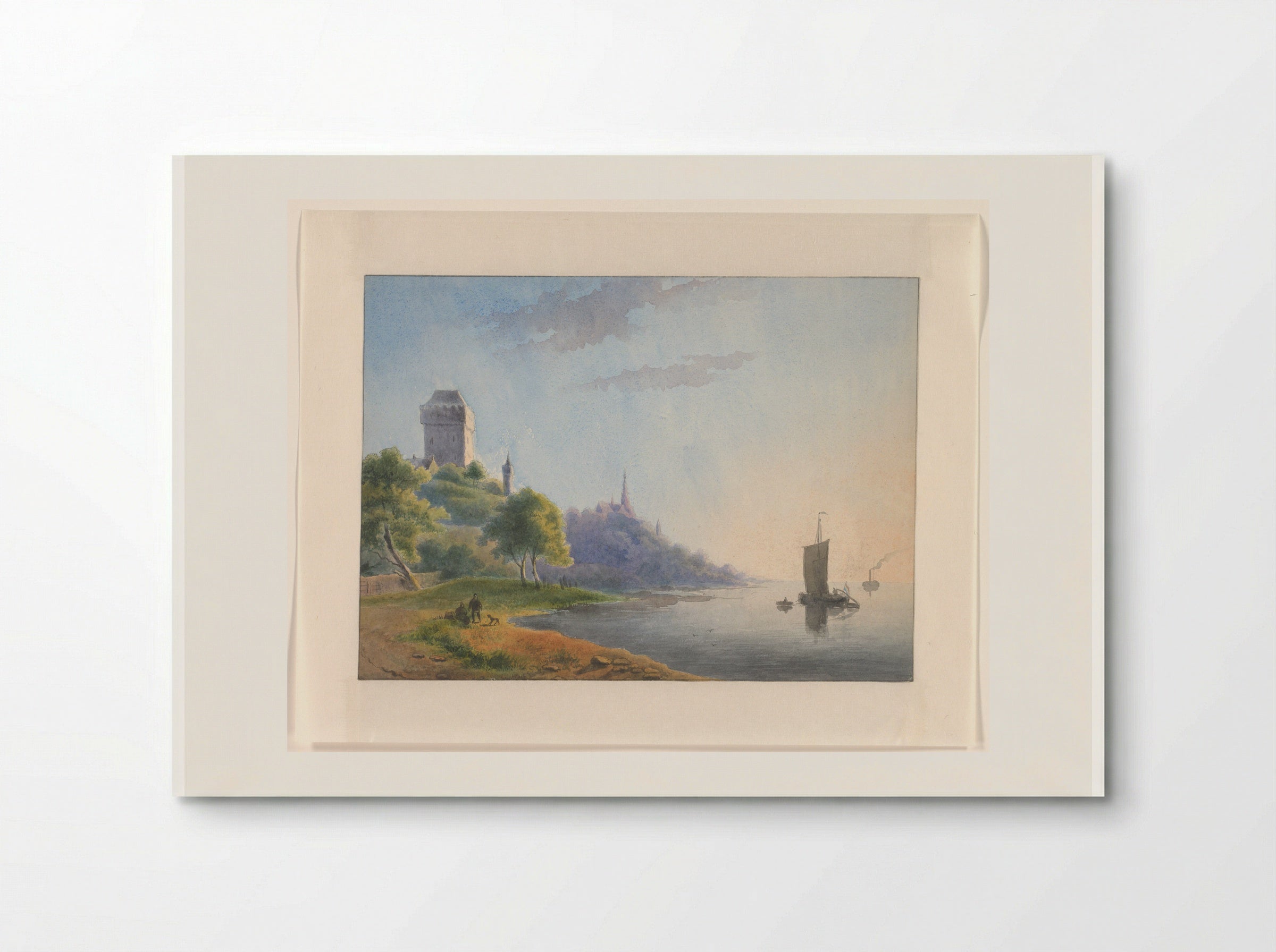 Gezicht op een rivieroever met toren en kerk - Johannes van Reijn - Poster