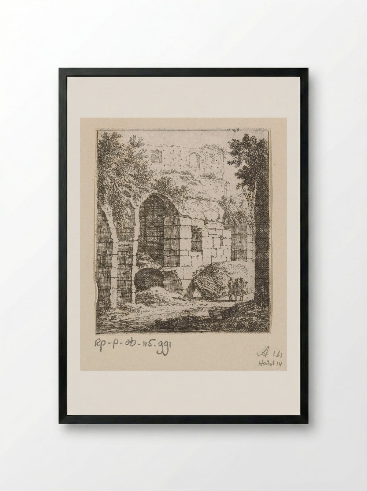 Gezicht op een ruïne met rechts drie mannen - Johann Franz Ermels - Framed Print Black