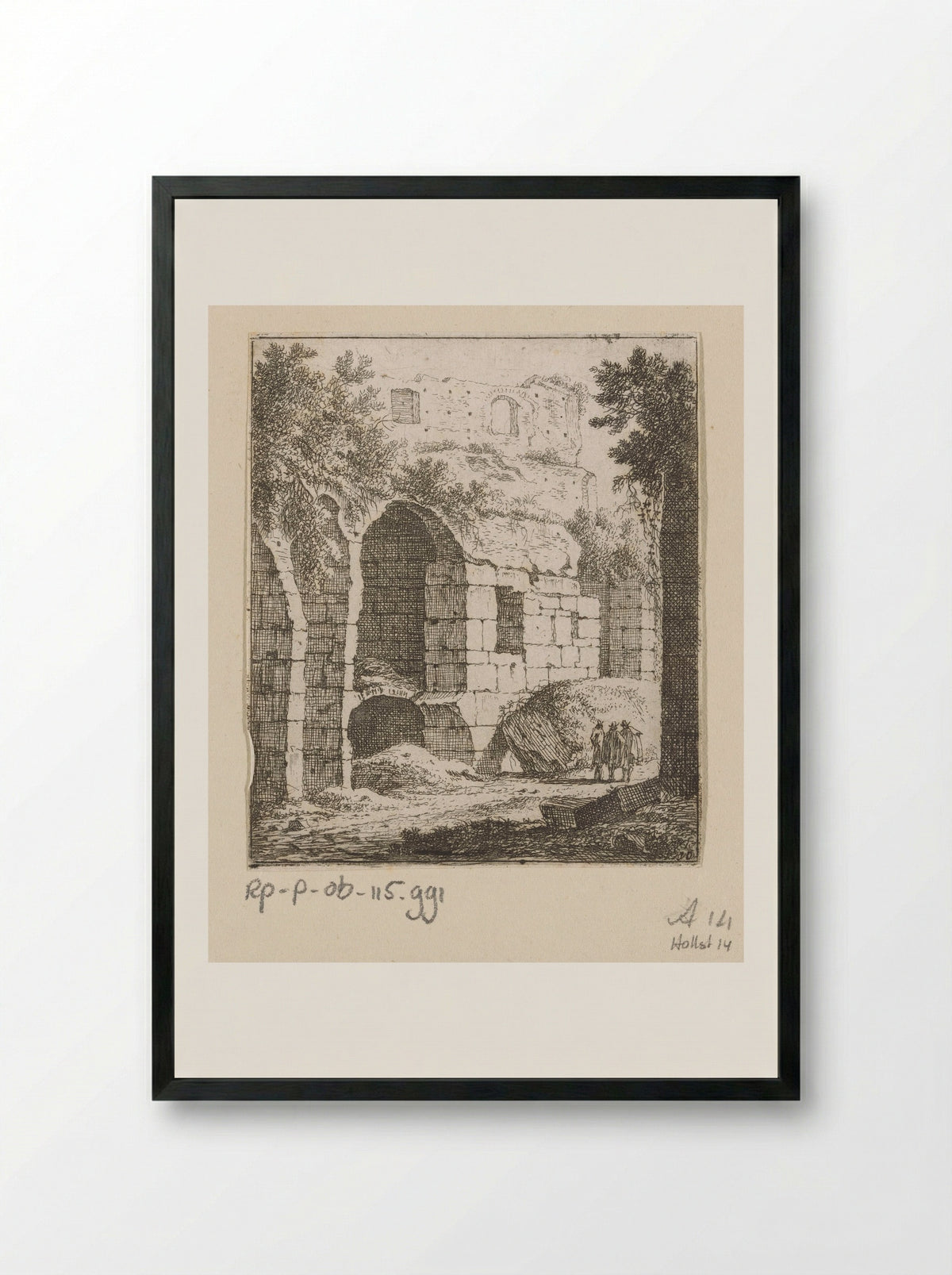 Gezicht op een ruïne met rechts drie mannen - Johann Franz Ermels - Framed Print Black