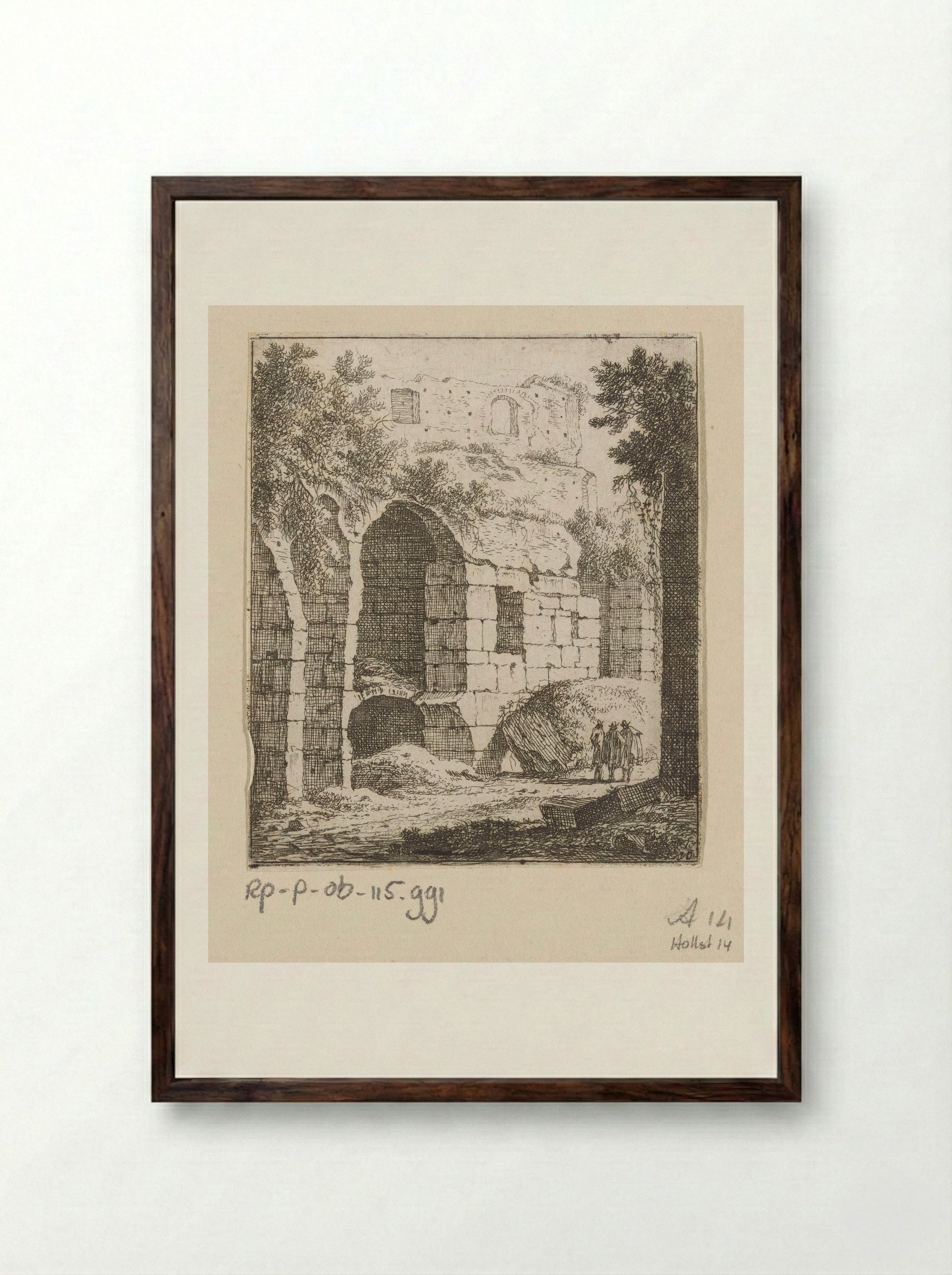 Gezicht op een ruïne met rechts drie mannen - Johann Franz Ermels - Framed Print Dark Wood