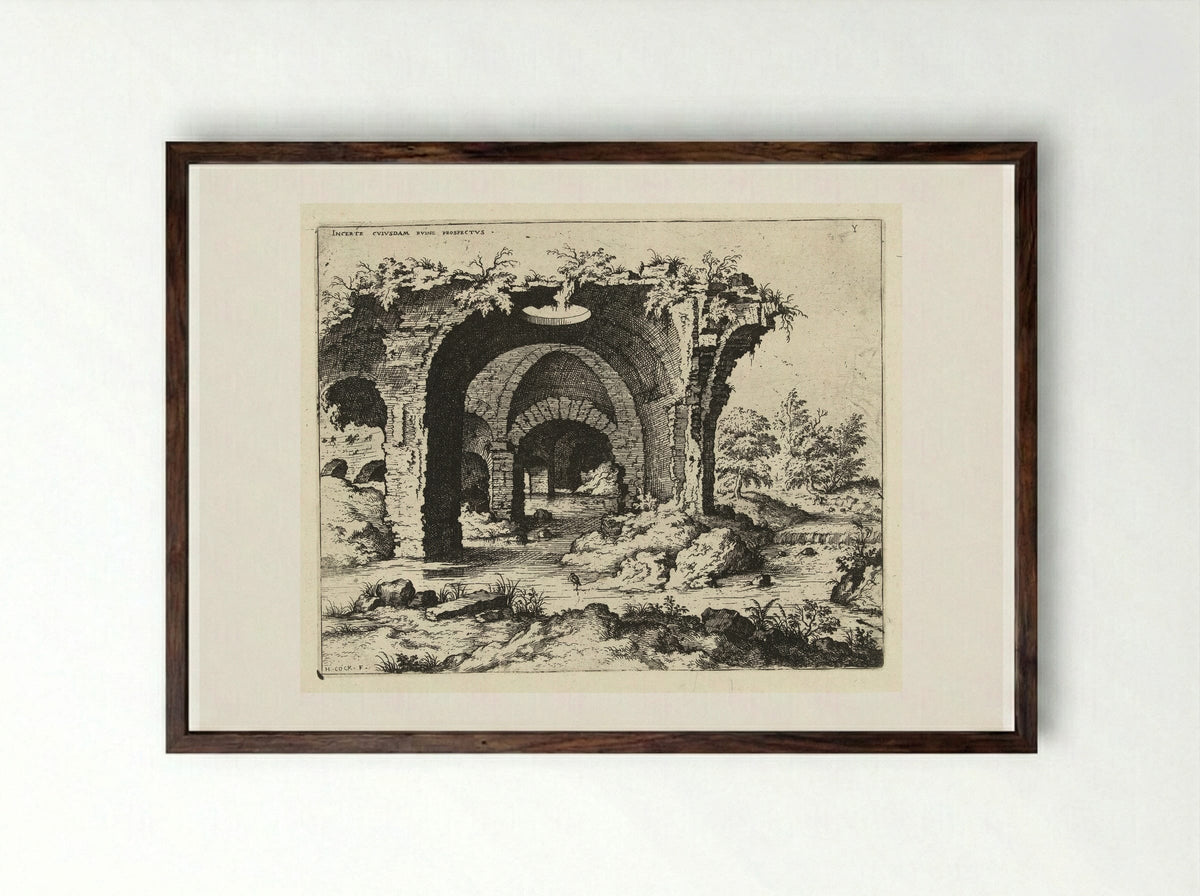 Gezicht op een ruïne te Rome - Hieronymus Cock - Framed Print Dark Wood