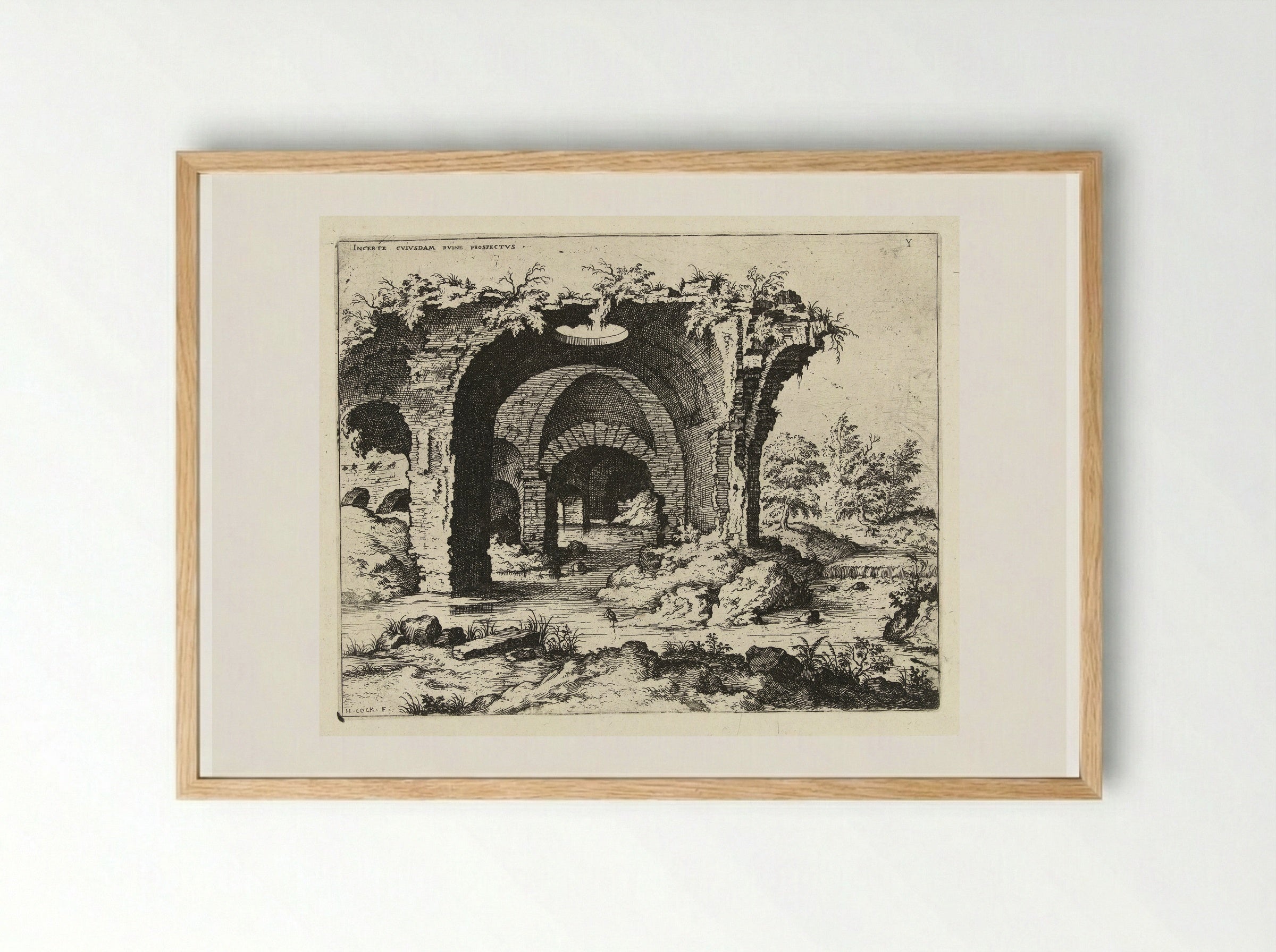Gezicht op een ruïne te Rome - Hieronymus Cock - Framed Print Wood