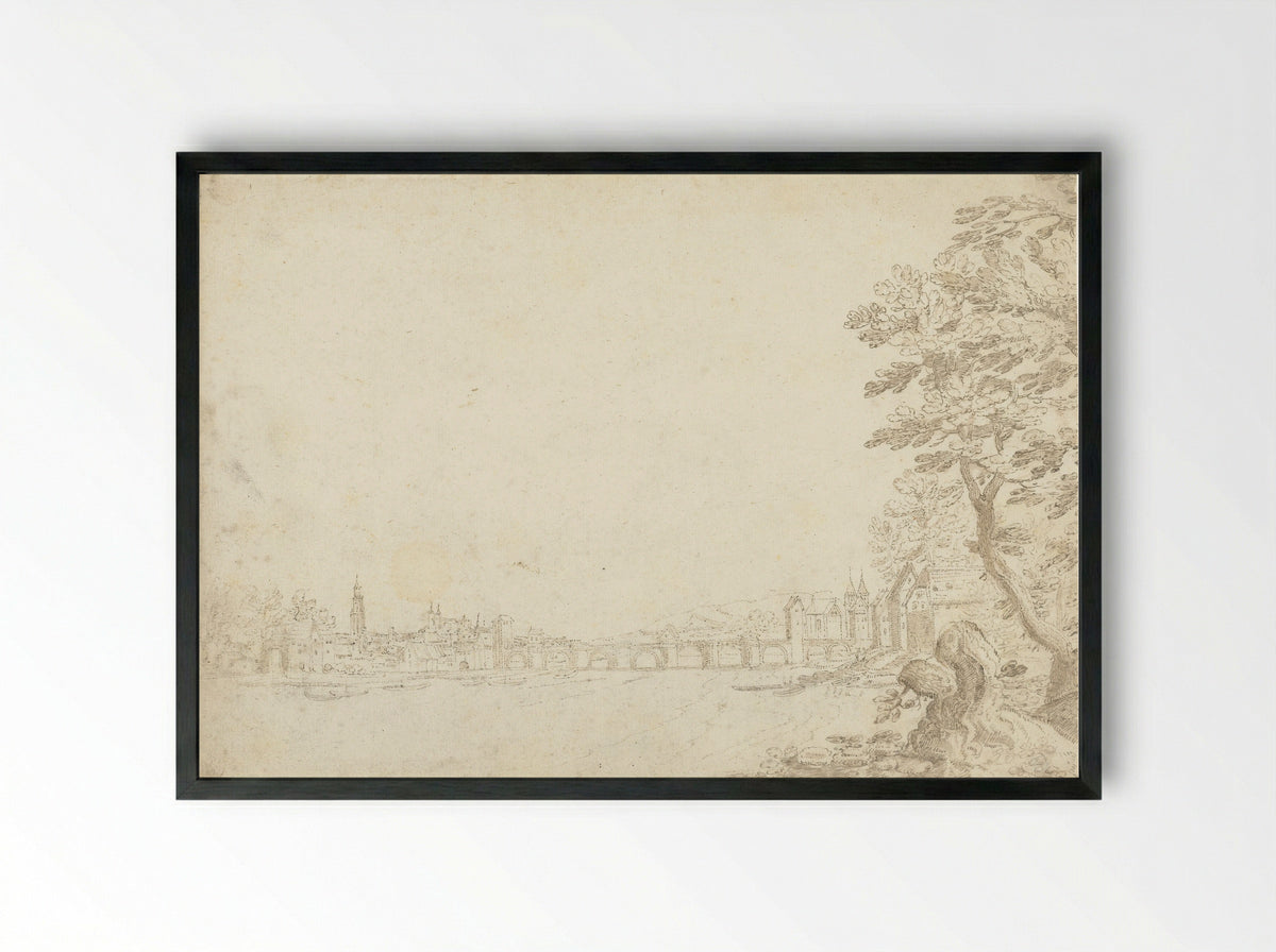 Gezicht op een stad aan een rivier (de Donau?) - Frederik van Valckenborch - Framed Print Black