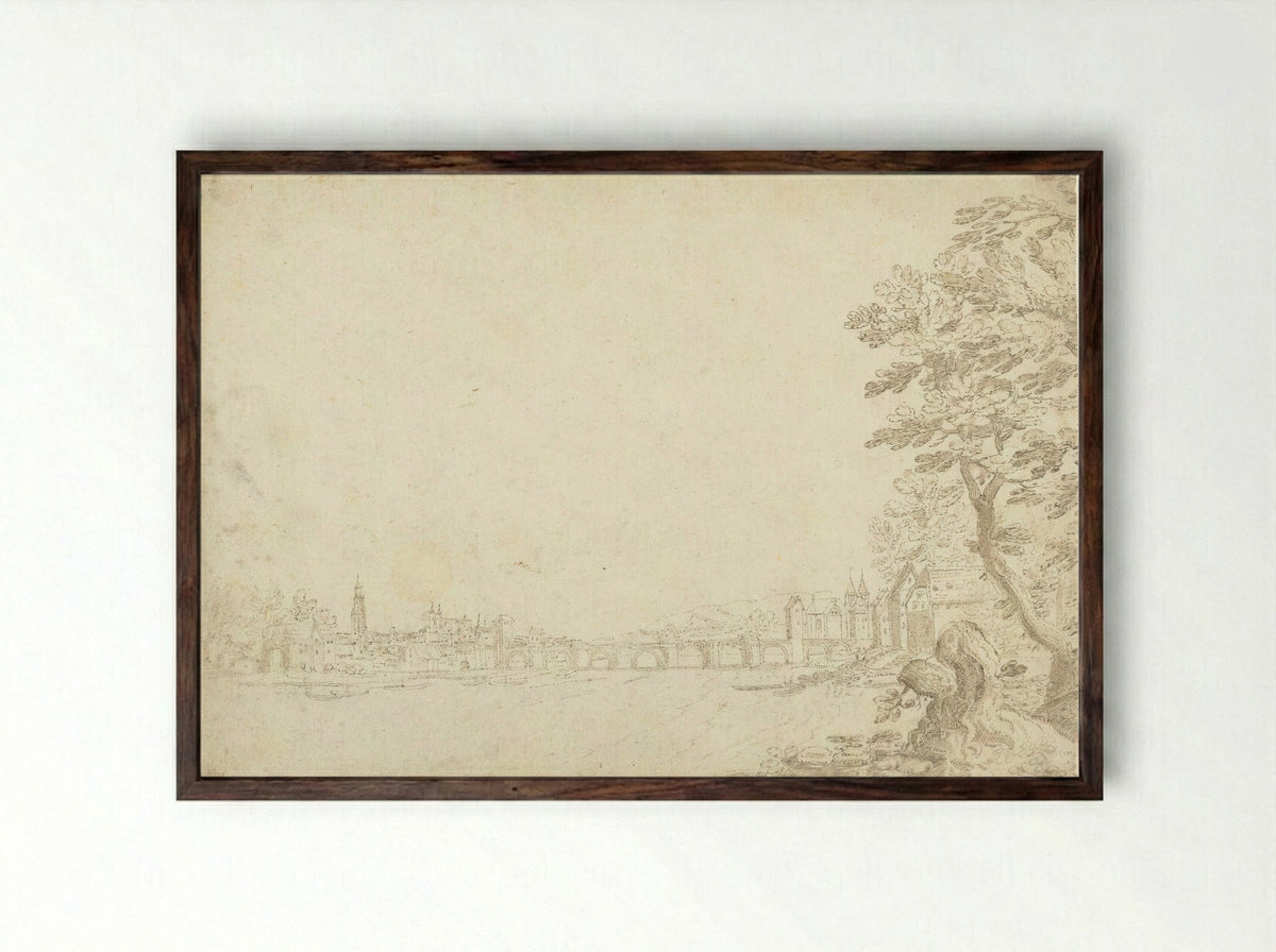 Gezicht op een stad aan een rivier (de Donau?) - Frederik van Valckenborch - Framed Print Dark Wood