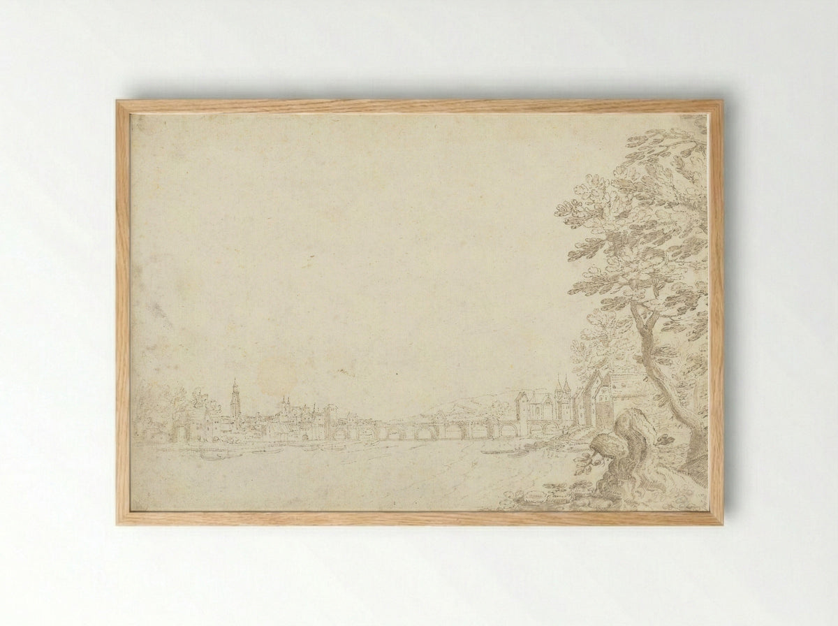 Gezicht op een stad aan een rivier (de Donau?) - Frederik van Valckenborch - Framed Print Wood