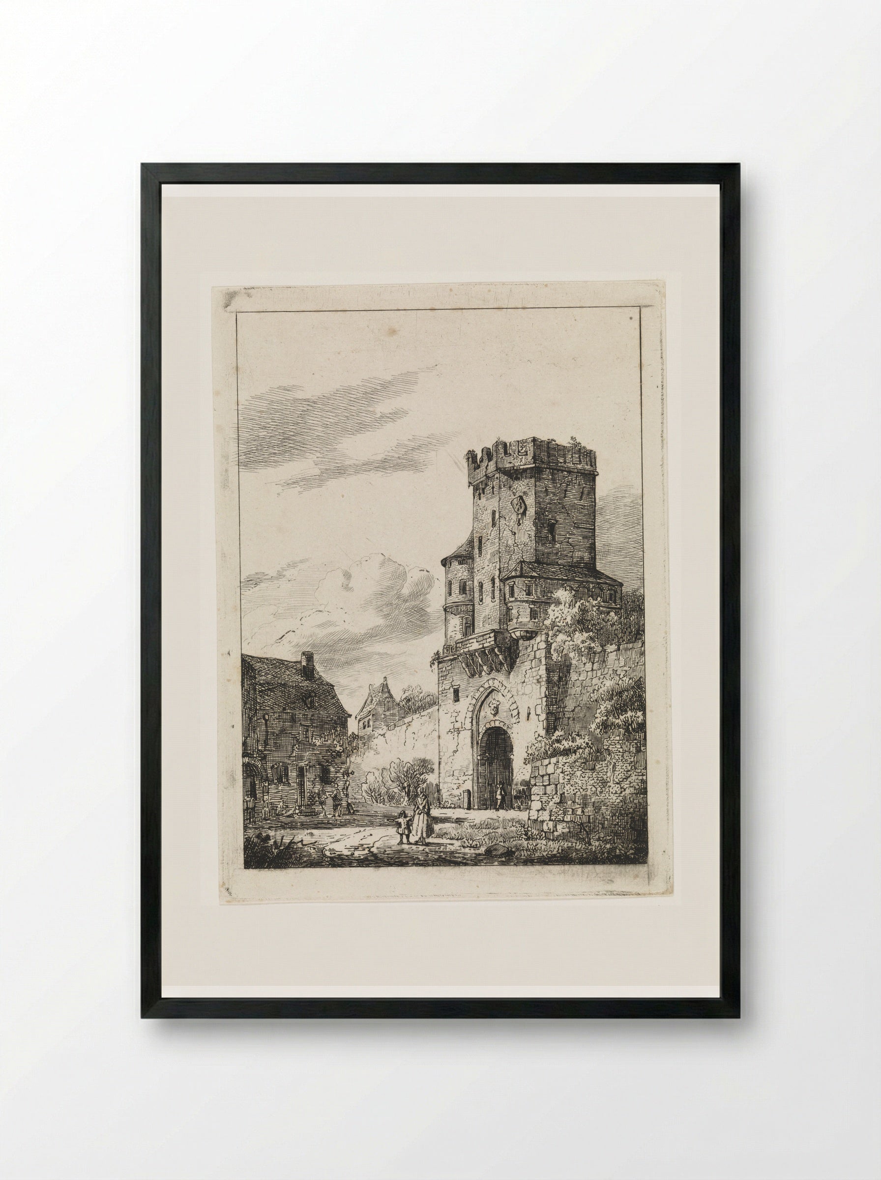 Gezicht op een stadspoort met toren - Cornelis Springer - Framed Print Black
