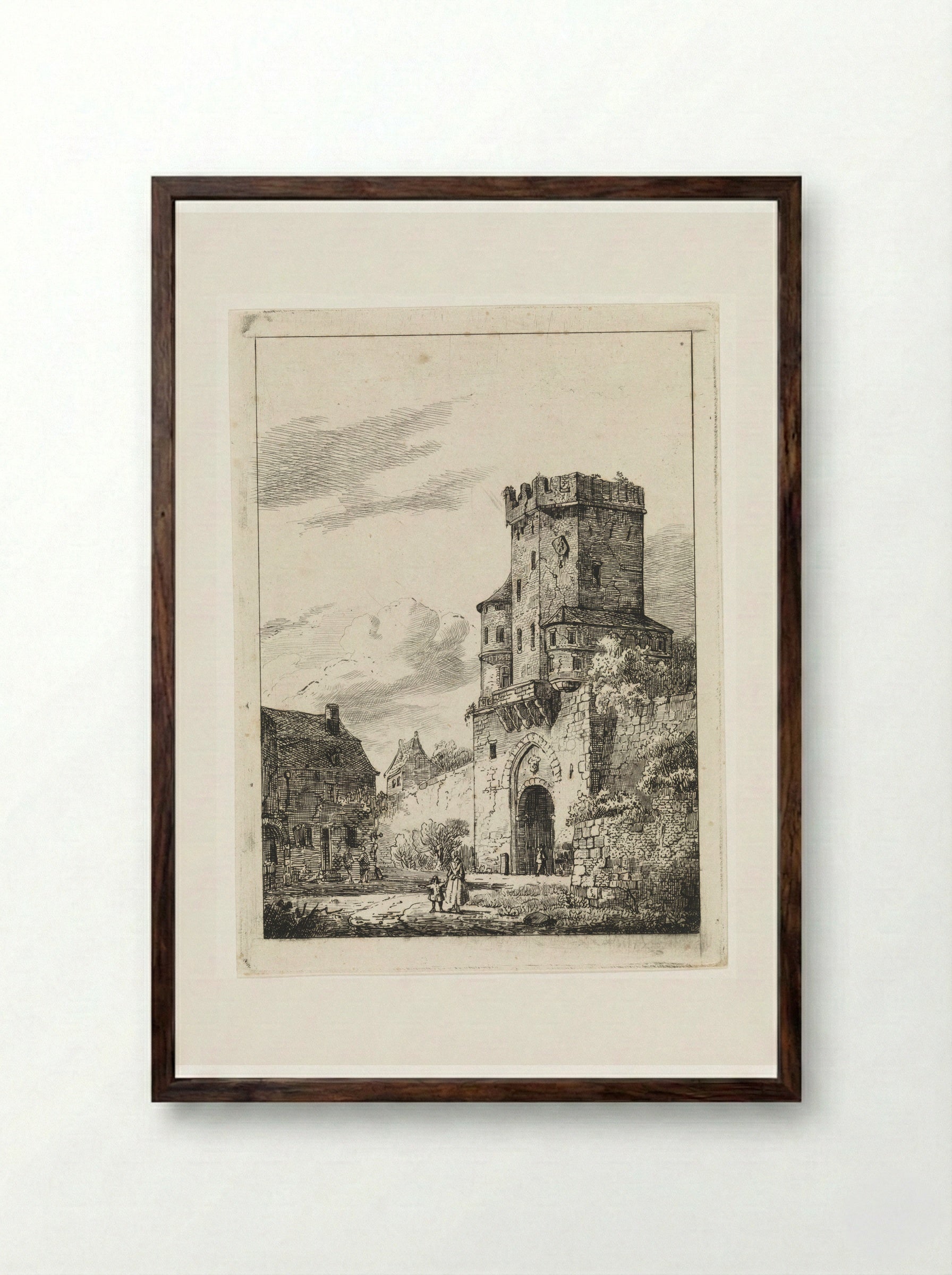 Gezicht op een stadspoort met toren - Cornelis Springer - Framed Print Dark Wood