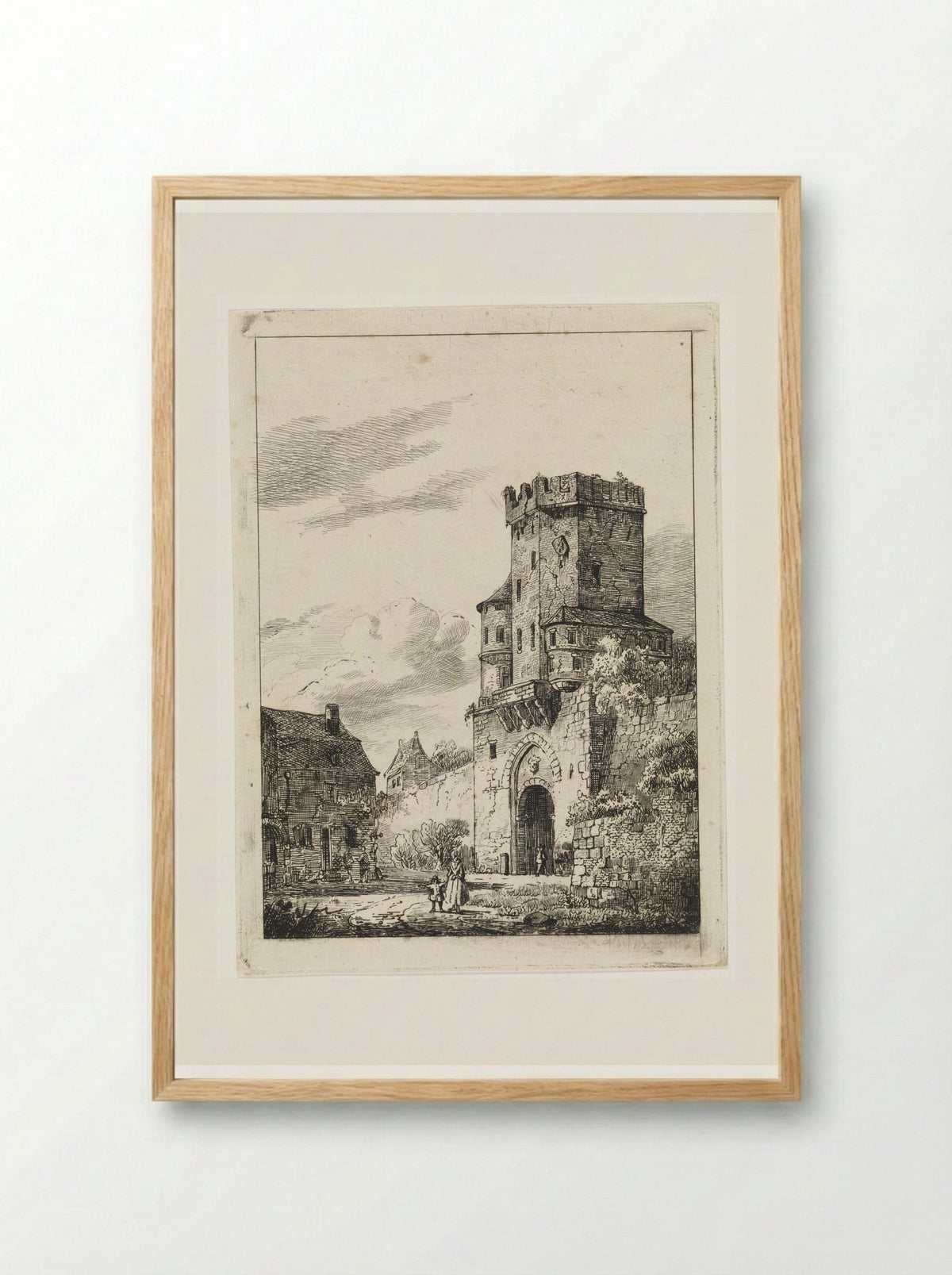 Gezicht op een stadspoort met toren - Cornelis Springer - Framed Print Wood