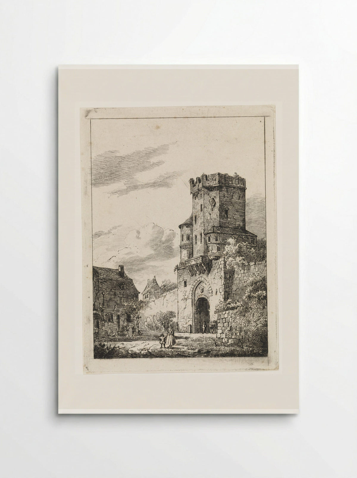 Gezicht op een stadspoort met toren - Cornelis Springer - Poster