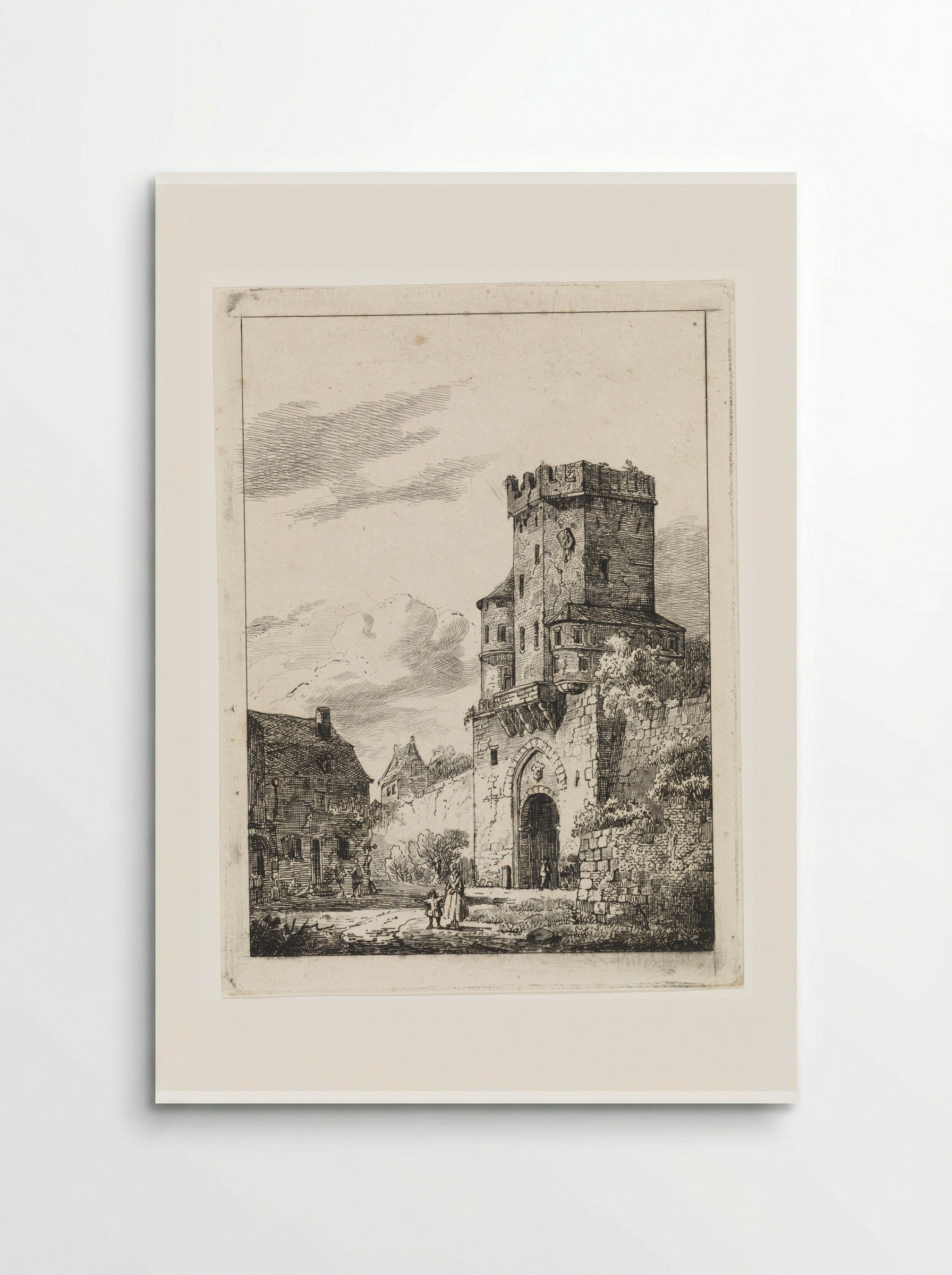 Gezicht op een stadspoort met toren - Cornelis Springer - Poster