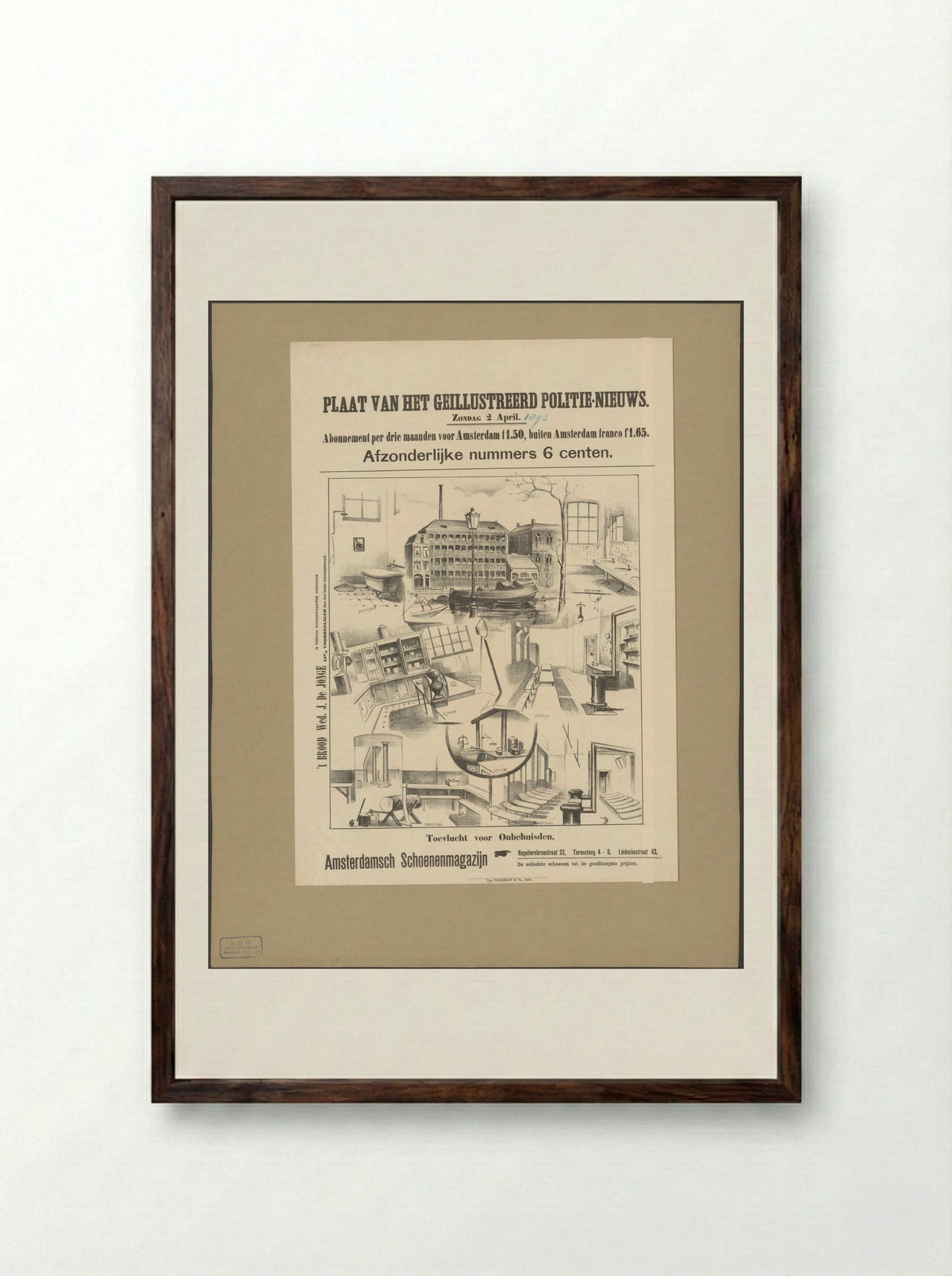 Gezicht op en interieur van het tehuis Toevlucht voor Onbehuisden te Amsterdam - Johan Braakensiek - Framed Print Dark Wood