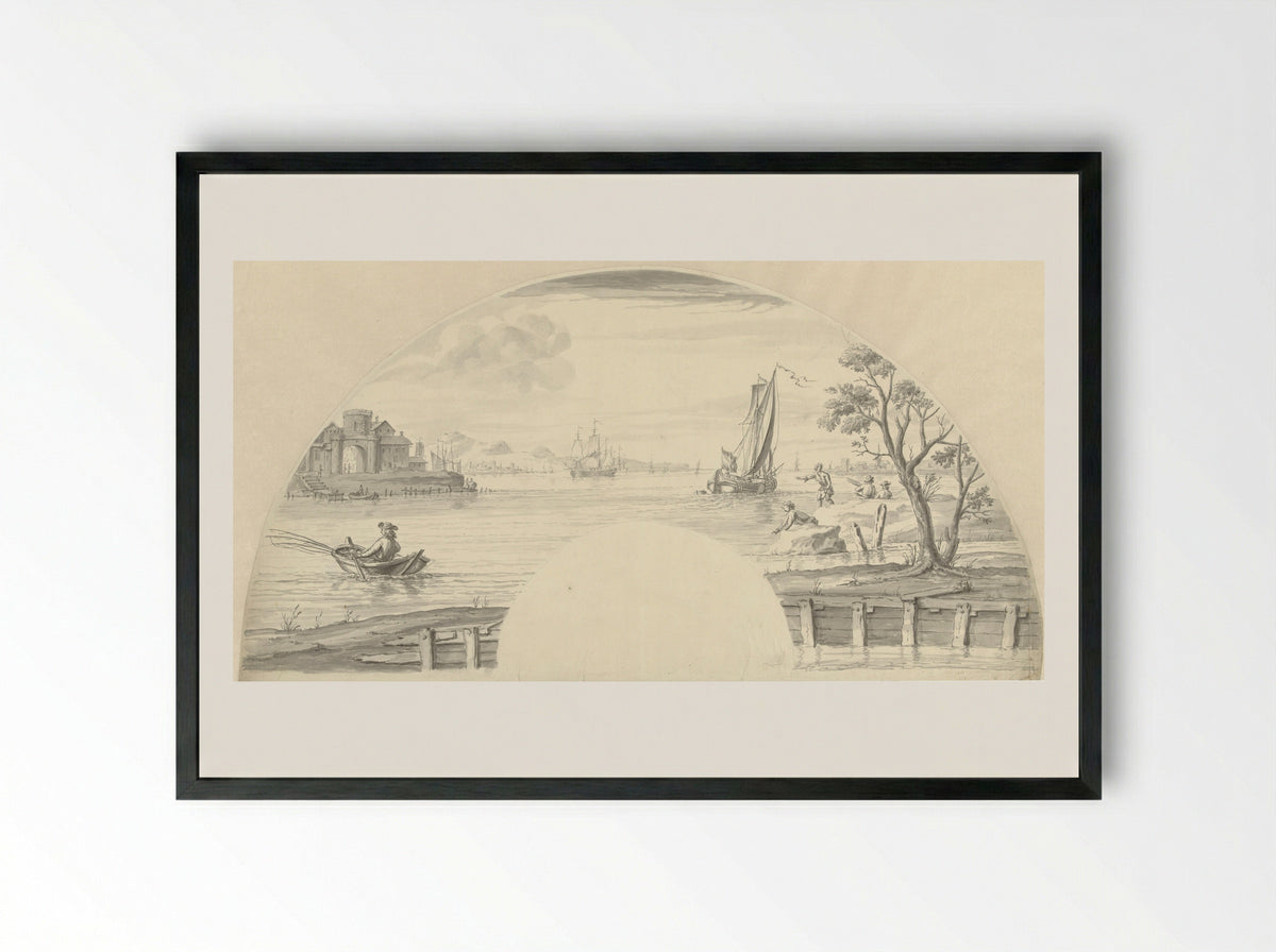 Gezicht op enkele boten op het water, een vissende man en een stadspoort - Pieter Idserts - Framed Print Black
