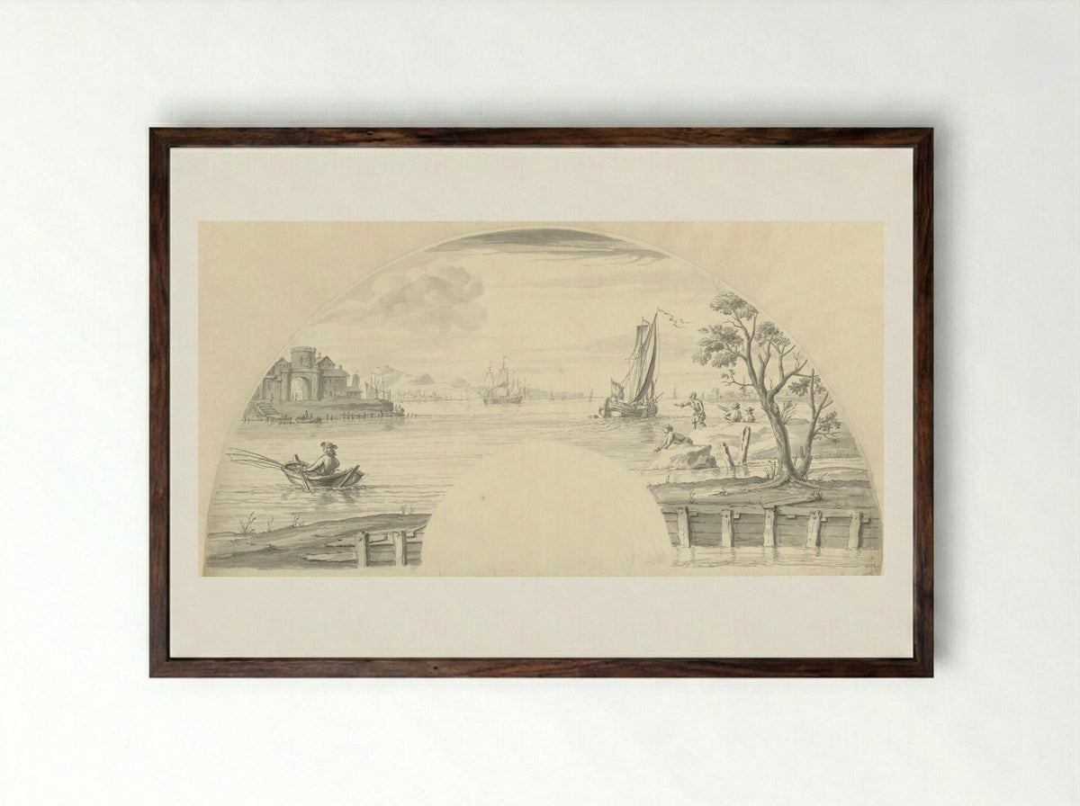 Gezicht op enkele boten op het water, een vissende man en een stadspoort - Pieter Idserts - Framed Print Dark Wood