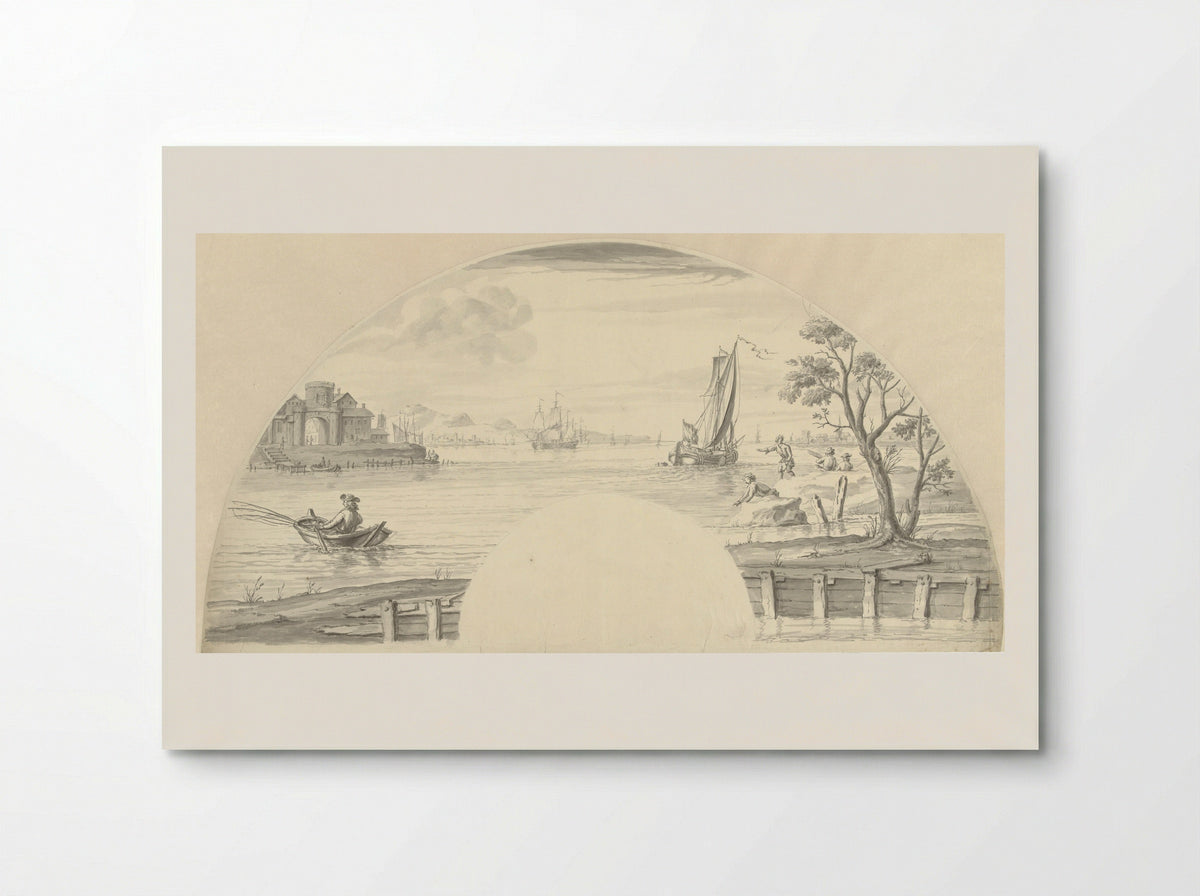 Gezicht op enkele boten op het water, een vissende man en een stadspoort - Pieter Idserts - Poster