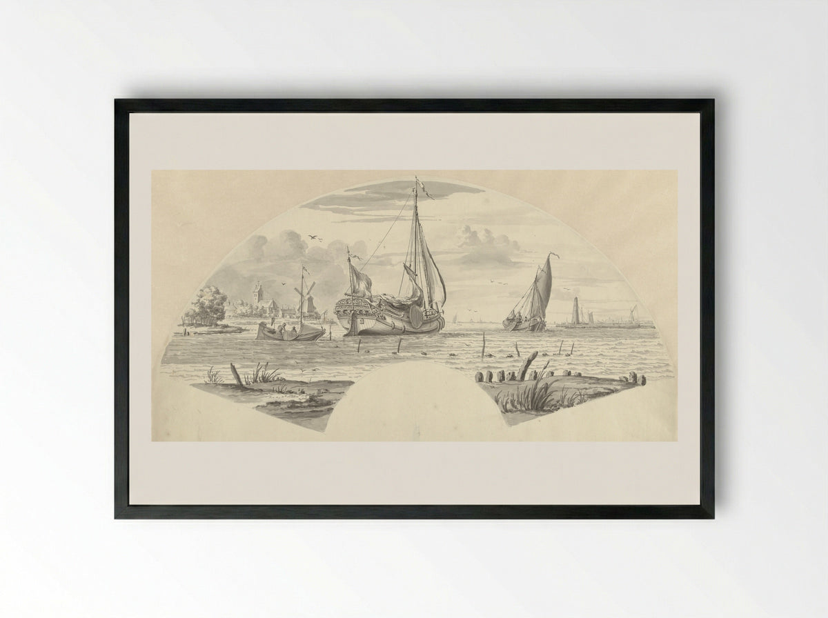 Gezicht op enkele boten op het water en een molen bij een kerk - Pieter Idserts - Framed Print Black