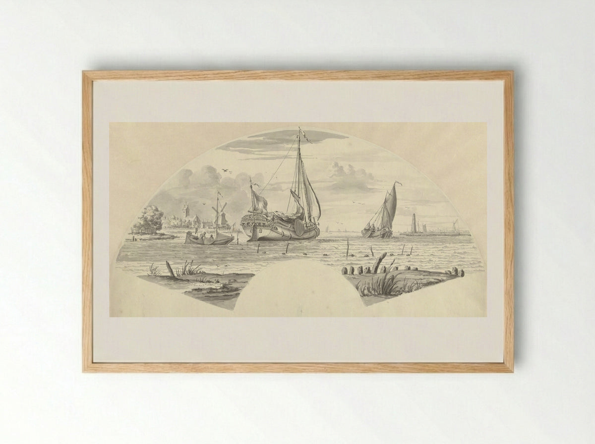 Gezicht op enkele boten op het water en een molen bij een kerk - Pieter Idserts - Framed Print Wood